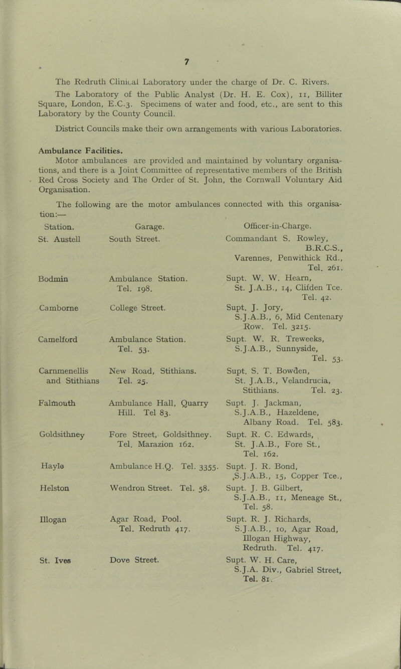 The Redruth ClinLai Laboratory under the charge of Dr. C. Rivers. The Laboratory of the Public Analyst (Dr. H. E. Cox), ii, Billiter Square, London, E.C.3. Specimens of water and food, etc., are sent to this Laboratory by the County Council. District Councils make their own arrangements with various Laboratories. Ambulance Facilities. Motor ambulances are provided and maintained by voluntary organisa- tions, and there is a Joint Committee of representative members of the British Red Cross Society and The Order of St. John, the Cornwall Voluntary Aid Organisation. The following are the motor ambulances connected with this organisa- tion;— Station. Garage. Officer-in-Charge. St. Austell South Street. Commandant S. Rowley, B.R.C.S.. Varennes, Penwithick Rd., Tel. 261. Bodmin Ambulance Station. Tel. 198. Supt. W. W. Hearn, St. J.A.B., 14, Clifden Tee. Tel. 42. Camborne College Street. Supt. J. Jory, S.J.A.B., 6, Mid Centenary Row. Tel. 3215. Camelford Ambulance Station. Tel. 53. Supt. W. R. Treweeks, S.J.A.B., Simnyside, Tel. 53. Carnmenellis New Road, Stithians. Supt. S. T. Bowden, and Stithians Tel. 25. St. J.A.B., Velandrucia, Stithians. Tel. 23. Falmouth Ambulance Hall, Quarry HiU. Tel 83. Supt. J. Jackman, S.J.A.B., Hazeldene, Albany Road. Tel. 583. Goldsithney Fore Street, Goldsithney. Tel. Marazion 162. Supt. R. C. Edwards, St. J.A.B., Fore St., Tel. 162. Hayle Ambulance H.Q. Tel. 3355. Supt. J. R. Bond, ,S.J.A.B., 15, Copper Tee., Helston Wendron Street. Tel. 58. Supt. J. B. Gilbert, S.J.A.B., II, Meneage St., Tel. 58. lUogan Agar Road, Pool. Tel. Redruth 417. Supt. R. J. Richards, S.J.A.B., 10, Agar Road, Illogan Highway, Redruth. Tel. 417. St. Ives Dove Street. Supt. W. H. Care, S.J.A. Div., Gabriel Street, Tel, 81.