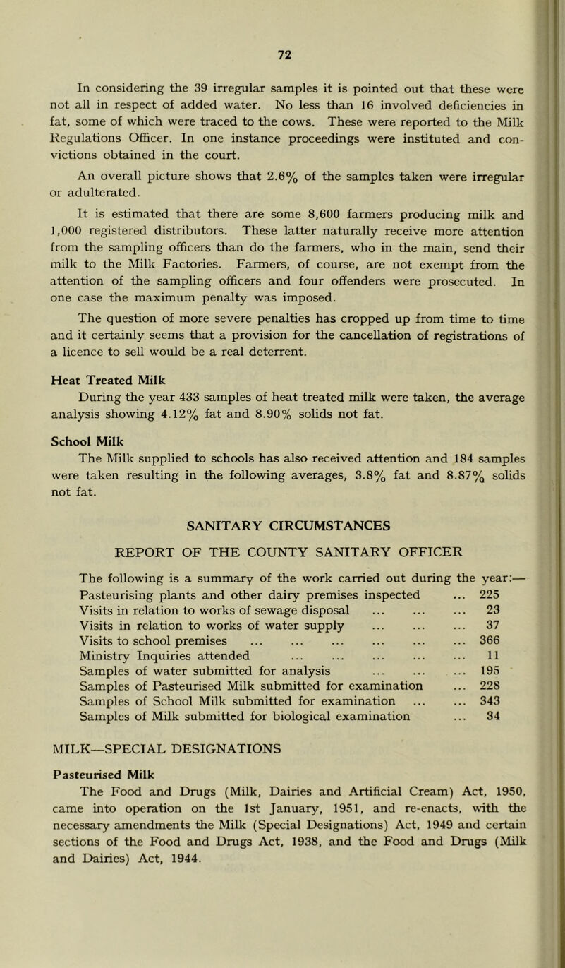 I In considering the 39 irregular samples it is pointed out that these were not all in respect of added water. No less than 16 involved deficiencies in fat, some of which were traced to the cows. These were reported to the Milk Regulations Officer. In one instance proceedings were instituted and con- victions obtained in the court. An overall picture shows that 2.6% of the samples taken were irregular or adulterated. It is estimated that there are some 8,600 farmers producing milk and 1,000 registered distributors. These latter naturally receive more attention from the sampling officers than do the farmers, who in the main, send their milk to the Milk Factories. Farmers, of course, are not exempt from the attention of the sampling officers and four offenders were prosecuted. In one case the maximum penalty was imposed. The question of more severe penalties has cropped up from time to time and it certainly seems that a provision for the cancellation of registrations of a licence to sell would be a real deterrent. Heat Treated Milk During the year 433 samples of heat treated milk were taken, the average analysis showing 4.12% fat and 8.90% solids not fat. School Milk The Milk supplied to schools has also received attention and 184 samples were taken resulting in the following averages, 3.8% fat and 8.87% solids not fat. SANITARY CIRCUMSTANCES REPORT OF THE COUNTY SANITARY OFFICER The following is a summary of the work carried out during the year:— Pasteurising plants and other dairy premises inspected ... 225 Visits in relation to works of sewage disposal ... ... ... 23 Visits in relation to works of water supply ... ... ... 37 Visits to school premises ... ... ... ... ... ... 366 Ministry Inquiries attended ... ... ... ... ... 11 Samples of water submitted for analysis ... ... ... 195 Samples of Pasteurised Milk submitted for examination ... 228 Samples of School Milk submitted for examination ... ... 343 Samples of Milk submitted for biological examination ... 34 MILK—SPECIAL DESIGNATIONS Pasteurised Milk The Food and Drugs (Milk, Dairies and Artificial Cream) Act, 1950, came into operation on the 1st January, 1951, and re-enacts, with the necessary amendments the Milk (Special Designations) Act, 1949 and certain sections of the Food and Drugs Act, 1938, and the Food and Drugs (Milk and Dairies) Act, 1944.