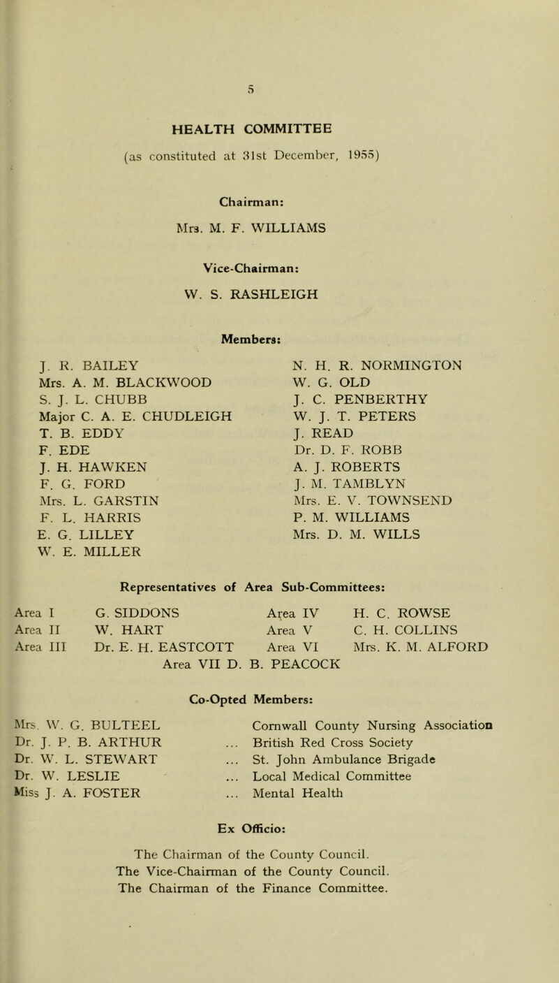 HEALTH COMMITTEE (as constituted at 31st December, 1955) Chairman: Mrs. M. F. WILLIAMS Vice-Chairman: W. S. RASHLEIGH Members: J. K. BAILEY Mrs. A. M. BLACKWOOD S. J. L. CHUBB Major C. A. E. CHUDLEIGH T. B. EDDY F. EDE J. H. HAWKEN F. G. FORD Mrs. L. GARSTIN F. L. HARRIS E. G. LILLEY W. E. MILLER N. H. R. NORMINGTON W. G. OLD J. C. PENBERTHY W. J. T. PETERS J. READ Dr. D. F. ROBB A. J. ROBERTS J. M. TAMBLYN Mrs. E. V. TOWNSEND P. M. WILLIAMS Mrs. D. M. WILLS Representatives of Area Sub-Committees: Area I G. SIDDONS Ai;ea IV Area II W. HART Area V Area III Dr. E. H. EASTCOTT Area VI Area VII D. B. PEACOCK Mrs W. G. BULTEEL Dr. J. P. B. ARTHUR Dr. W. L. STEWART Dr. W. LESLIE Miss J. A. FOSTER Co-Opted Members: H. C. ROWSE C. H. COLLINS Mrs. K. M. ALFORD Cornwall County Nursing Association British Red Cross Society St. John Ambulance Brigade Local Medical Committee Mental Health Ex Officio: The Chairman of the County Council. The Vice-Chairman of the County Council. The Chairman of the Finance Committee.