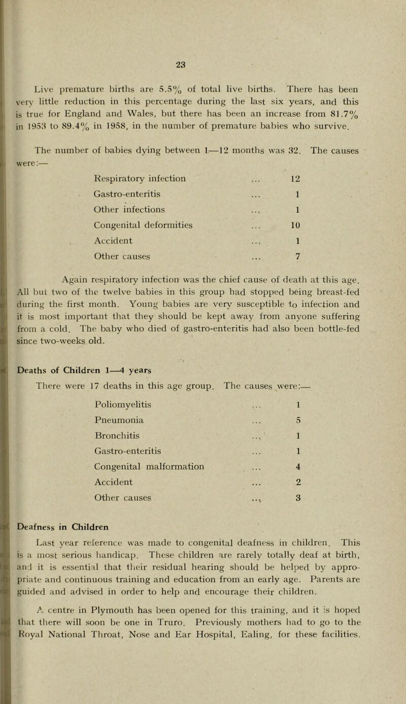 Live premature births are a.5% of total live births. There has been very little reduction in this percentage during the last six years, and this is true for England and Wales, but there has been an increase from 81.7% in 1953 to 89.4°'o 1958, in the number of premature babies who survive. The number of babies dying between 1.—12 months was 32. The causes were:— Respiratory infection ... 12 Gastro-enteritis ... 1 Other infections ... 1 Congenital deformities ... 10 Accident ... 1 Other causes ... 7 Again respiratory infection was the chief cause of death at this age. All but two of the twelve babies in this group had stopped being breast-fed during the first month. Young babies are very' susceptible to infection and it is most important that they should be kept away^ from anyone suffering from a cold. The baby who died of gastro-enteritis had also been bottle-fed since two-weeks old. Deaths of Children 1—4 years There were 17 deaths in this age group. The causes were:— Poliomyelitis ... 1 Pneumonia ... 5 Bronchitis ... 1 Gastro-enteritis ... 1 Congenital malformation ... 4 Accident ... 2 Other causes ... 3 Deafness in Children Last year reference was made to congenital deafness in children. This is a most serious handicap. These children are rarely totally deaf at birth, and it is essential that their residual hearing should be helped by appro- priate and continuous training and education from an early age. Parents are guided and advised in order to help and encourage tlieir children. A centre in Plymouth has been opened for this training, and it is hoped that tliere will soon be one in Truro. Previously mothers liad to go to the Royal National Throat, Nose and Ear Hospital, Ealing, for tliese facilities.