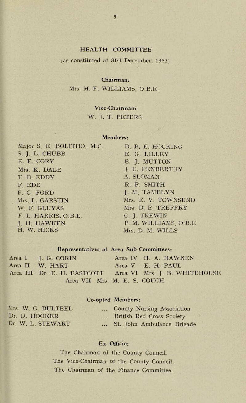 HEALTH COMMITTEE (as constituted at 31st December, 1963) Chairman: Mrs. M. F. WILLIAMS, O.B.E. Vice-Chairman: W. J. T. PETERS Members: Major S. E. BOLITHO, M.C. S. J. L. CHUBB E. E. CORY Mrs. K. DALE T. B. EDDY F. EDE F. G. FORD Mrs. L. GARSTIN W. F. GLUYAS F. L. HARRIS, O.B.E J. H. HAWKEN H. W. HICKS D. B. E. HOCKING E. G. LILLEY E. J. MUTTON J. C. PENBERTHY A. SLOMAN R. F. SMITH J. M. TAMBLYN Mrs. E. V. TOWNSEND Mrs. D. E. TREFFRY C. J. TREWIN P. M. WILLIAMS, O.B.E Mrs. D. M. WILLS Representatives of Area Sub-Committees: Area I J. G. CORIN Area IV H. A. HAWKEN Area II W. HART Area V E. H. PAUL Area III Dr. E. H. EASTCOTT Area VI Mrs. J. B. WHITEHOUSE Area VII Mrs. M. E. S. COUCH Mrs. W. G. BULTEEL Dr. D. HOOKER Dr. W. L. STEWART Co-opted Members: County Nursing Association British Red Cross Society ... St. John Ambulance Brigade Ex Officio; The Chairman of the County Council. The Vice-Chairman of the County Council. The Chairman of the Finance Committee.