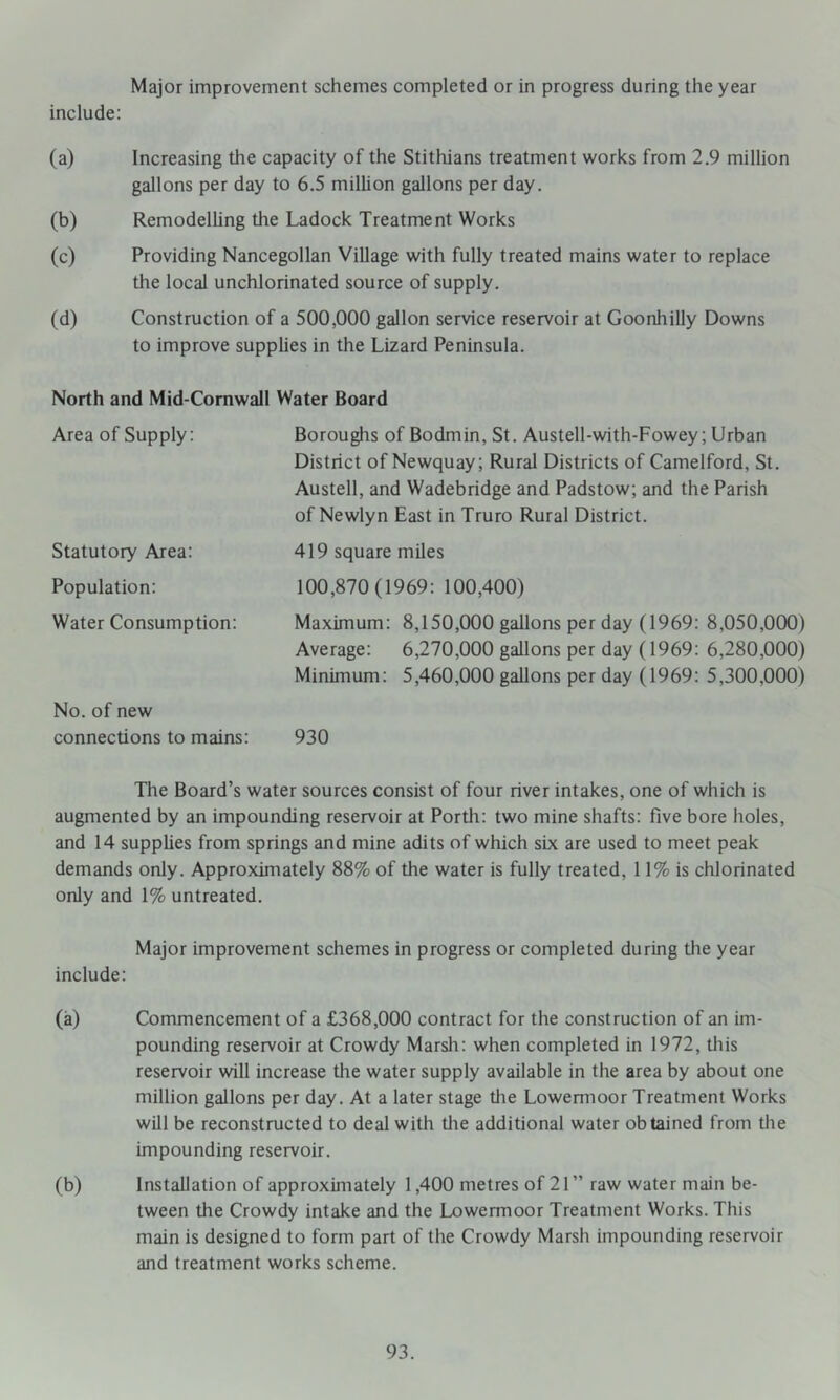 Major improvement schemes completed or in progress during the year include; (a) Increasing the capacity of the Stithians treatment works from 2.9 million gallons per day to 6.5 million gallons per day. (b) Remodelling the Ladock Treatment Works (c) Providing Nancegollan Village with fully treated mains water to replace the local unchlorinated source of supply. (d) Construction of a 500,000 gallon service reservoir at Goonhilly Downs to improve supplies in the Lizard Peninsula. North and Mid-Comwall Water Board Area of Supply: Statutory Area: Population: Water Consumption; No. of new connections to mains: Boroughs of Bodmin, St. Austell-with-Fowey; Urban District of Newquay; Rural Districts of Camelford, St. Austell, and Wadebridge and Padstow; and the Parish of Newlyn East in Truro Rural District. 419 square miles 100,870(1969: 100,400) Maximum; 8,150,000 gallons per day (1969: 8,050,000) Average: 6,270,000 gallons per day (1969: 6,280,000) Minimum: 5,460,000 gallons per day (1969: 5,300,000) 930 The Board’s water sources consist of four river intakes, one of which is augmented by an impounding reservoir at Porth: two mine shafts: five bore holes, and 14 supplies from springs and mine adits of which six are used to meet peak demands only. Approximately 88% of the water is fully treated, 11% is chlorinated only and 1% untreated. Major improvement schemes in progress or completed during the year include; (a) Commencement of a £368,000 contract for the construction of an im- pounding reservoir at Crowdy Marsli: when completed in 1972, this reservoir will increase the water supply available in the area by about one million gallons per day. At a later stage the Lowemioor Treatment Works will be reconstructed to deal with tlie additional water obtained from tlie impounding reservoir. (b) Installation of approximately 1,400 metres of 21” raw water main be- tween the Crowdy intake and the Lowermoor Treatment Works. This main is designed to form part of the Crowdy Marsh impounding reservoir and treatment works scheme.