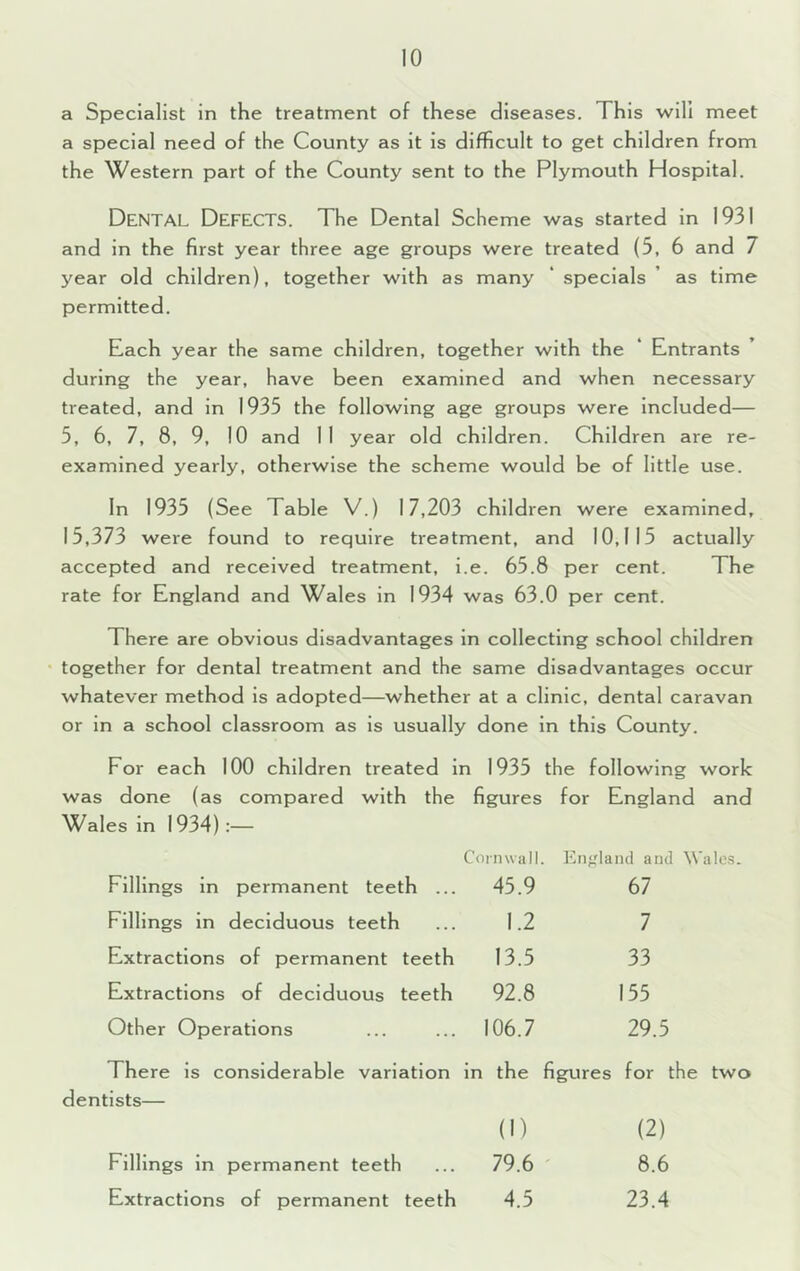 a Specialist in the treatment of these diseases. This will meet a special need of the County as it is difficult to get children from the Western part of the County sent to the Plymouth Hospital. Dental Defects. The Dental Scheme was started in 1931 and in the first year three age groups were treated (5, 6 and 7 year old children), together with as many * specials ’ as time permitted. Each year the same children, together with the * Entrants during the year, have been examined and when necessary treated, and in 1935 the following age groups were included— 5, 6, 7, 8, 9, 10 and 11 year old children. Children are re- examined yearly, otherwise the scheme would be of little use. In 1935 (See Table V.) 17,203 children were examined, 15,373 were found to require treatment, and 10,115 actually accepted and received treatment, i.e. 65.8 per cent. The rate for England and Wales in 1934 was 63.0 per cent. There are obvious disadvantages in collecting school children together for dental treatment and the same disadvantages occur whatever method is adopted—whether at a clinic, dental caravan or in a school classroom as is usually done in this County. For each 100 children treated in 1935 the following work was done (as compared with the figures for England and Wales in 1934):— Cornwall. Enfiland and Wale.s. Fillings in permanent teeth ... 45.9 67 Fillings in deciduous teeth 1.2 7 Extractions of permanent teeth 13.5 33 Extractions of deciduous teeth 92.8 155 Other Operations 106.7 29.5 There is considerable variation in the figures for the two dentists— (1) (2) Fillings in permanent teeth 79.6 ' 8.6 Extractions of permanent teeth 4.5 23.4