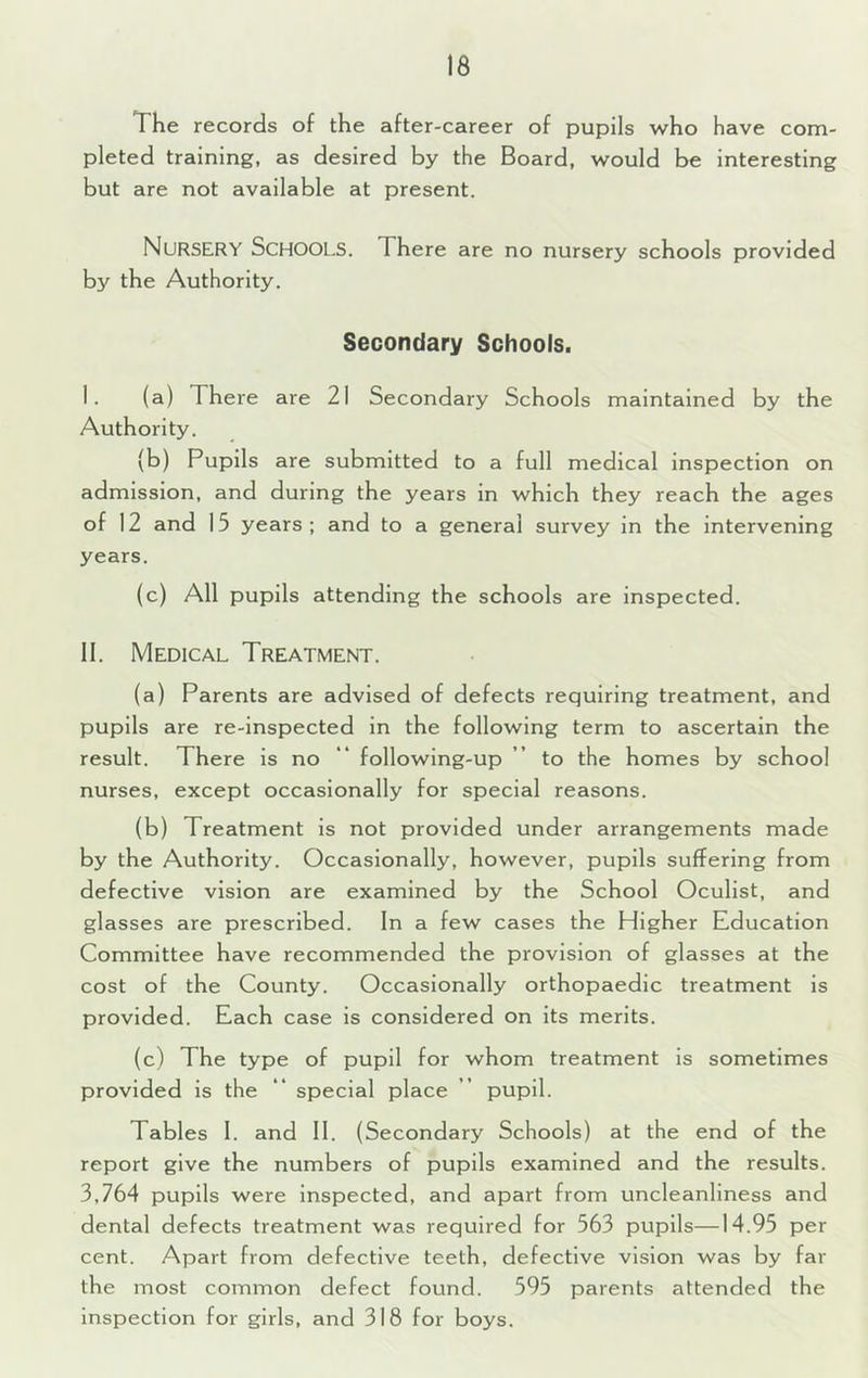 The records of the after-career of pupils who have com- pleted training, as desired by the Board, would be interesting but are not available at present. Nursery Schools. There are no nursery schools provided by the Authority. Secondary Schools. I. (a) There are 21 Secondary Schools maintained by the Authority. (b) Pupils are submitted to a full medical inspection on admission, and during the years in which they reach the ages of 12 and 15 years; and to a general survey in the intervening years. (c) All pupils attending the schools are inspected. II. Medical Treatment. (a) Parents are advised of defects requiring treatment, and pupils are re-inspected in the following term to ascertain the result. There is no following-up ” to the homes by school nurses, except occasionally for special reasons. (b) Treatment is not provided under arrangements made by the Authority. Occasionally, however, pupils suffering from defective vision are examined by the School Oculist, and glasses are prescribed. In a few cases the Higher Education Committee have recommended the provision of glasses at the cost of the County. Occasionally orthopaedic treatment is provided. Each case is considered on its merits. (c) The type of pupil for whom treatment is sometimes provided is the “ special place ” pupil. Tables 1. and 11. (Secondary Schools) at the end of the report give the numbers of pupils examined and the results. 3,764 pupils were Inspected, and apart from uncleanliness and dental defects treatment was required for 563 pupils—14.95 per cent. Apart from defective teeth, defective vision was by far the most common defect found. 595 parents attended the inspection for girls, and 318 for boys.