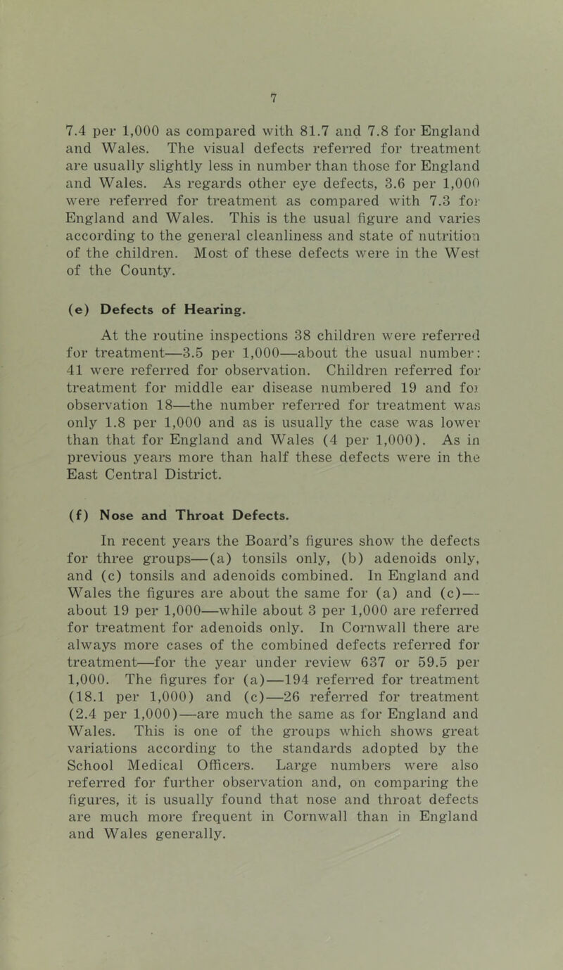 7.4 per 1,000 as compared with 81.7 and 7.8 for England and Wales. The visual defects referred for treatment are usually slightly less in number than those for England and Wales. As regards other eye defects, 3.6 per 1,000 were referred for treatment as compared with 7.3 for England and Wales. This is the usual figure and varies according to the general cleanliness and state of nutrition of the children. Most of these defects were in the West of the County. (e) Defects of Hearing. At the routine inspections 38 children were referred for treatment—3.5 per 1,000—about the usual number: 41 were referred for observation. Children referred for treatment for middle ear disease numbered 19 and foi observation 18—the number referred for treatment was only 1.8 per 1,000 and as is usually the case was lower than that for England and Wales (4 per 1,000). As in previous years more than half these defects were in the East Central District. (f) Nose and Throat Defects. In recent years the Board’s figures show the defects for three groups—(a) tonsils only, (b) adenoids only, and (c) tonsils and adenoids combined. In England and Wales the figures are about the same for (a) and (c) — about 19 per 1,000—while about 3 per 1,000 are referred for treatment for adenoids only. In Cornwall there are always more cases of the combined defects referred for treatment—for the year under review 637 or 59.5 per 1,000. The figures for (a)—194 referred for treatment (18.1 per 1,000) and (c)—26 referred for treatment (2.4 per 1,000)—are much the same as for England and Wales. This is one of the groups which shows great variations according to the standards adopted by the School Medical Officers. Large numbers were also referred for further observation and, on comparing the figures, it is usually found that nose and throat defects are much more frequent in Cornwall than in England and Wales generally.