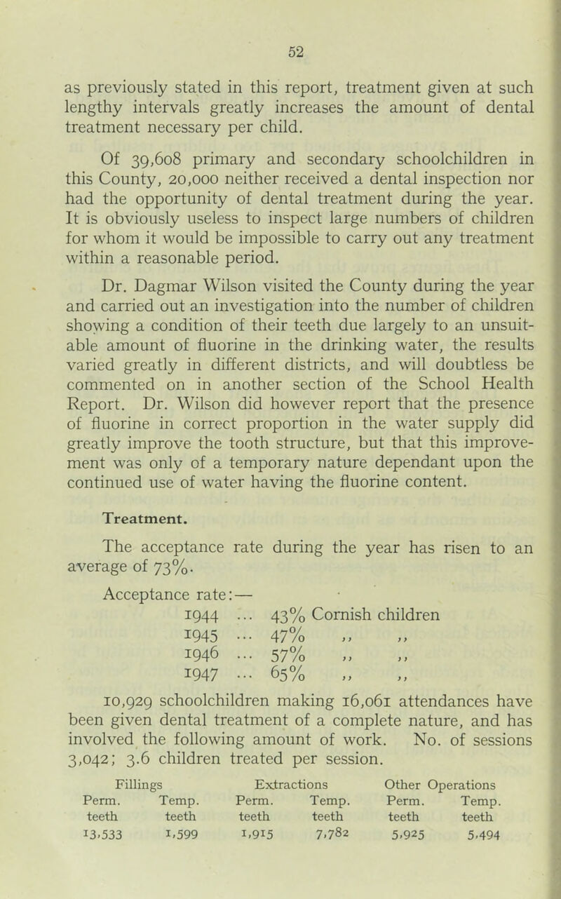 as previously stated in this report, treatment given at such lengthy intervals greatly increases the amount of dental treatment necessary per child. Of 39,608 primary and secondary schoolchildren in this County, 20,000 neither received a dental inspection nor had the opportunity of dental treatment during the year. It is obviously useless to inspect large numbers of children for whom it would be impossible to carry out any treatment within a reasonable period. Dr. Dagmar Wilson visited the County during the year and carried out an investigation into the number of children showing a condition of their teeth due largely to an unsuit- able amount of fluorine in the drinking water, the results varied greatly in different districts, and will doubtless be commented on in another section of the School Health Report. Dr. Wilson did however report that the presence of fluorine in correct proportion in the water supply did greatly improve the tooth structure, but that this improve- ment was only of a temporary nature dependant upon the continued use of water having the fluorine content. Treatment. The acceptance rate during the year has risen to an average of 73%. Acceptance rate:— • ; 1944 ... 43% Cornish children 1945 ... 47% 1946 ... 57% 1947 ... 65% „ ,, I 10,929 schoolchildren making 16,061 attendances have j been given dental treatment of a complete nature, and has involved the following amount of work. No. of sessions ■ 3,042; 3.6 children treated per session. j Fillings Perm. Temp, teeth teeth 13.533 1.599 Extractions Perm. Temp, teeth teeth 1.915 7.782 Other Operations Perm. Temp, teeth teeth 5.925 5.494