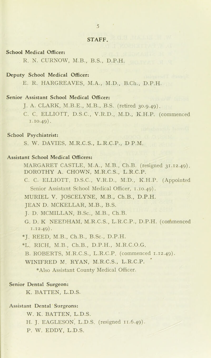STAFF. School Medical Officer; R. N. CURNOW, M.B., B.S., D.P.H. Deputy School Medical Officer: E. R. HARGREAVES, M.A., M.D., B.Ch., D.P.H. Senior Assistant School Medical Officer: J. A. CLARK, M.B.E., M.B., B.S. (retired 30.9.49). C. C. ELLIOTT, D.S.C., V.R.D., M.D., K.H.P. (commenced I.10.49). School Psychiatrist: S. W. DAVIES, M.R.C.S.. L.R.C.P., D P.M. Assistant School Medical Officers; MARGARET CASTLE, M.A., M.B., Ch.B. (resigned 31.12.49). DOROTHY A. CHOWN, M.R.C.S., L.R.C.P. C. C. ELLIOTT. D.S.C., V.R.D., M.D., K.H.P. (Appointed Senior Assistant School Medical Officer, 1.10.49). MURIEL V. JOSCELYNE, M.B., Ch.B., D.P.H. JEAN D. MCKELLAR, M.B., B.S. J. D. MCMILLAN, B.Sc., M.B., Ch.B. G. D. K NEEDHAM, M.R.C.S., L.R.C.P., D.P.H. (coriimenced 1.12.49). *J. REED, M.B., Ch.B., B.Sc., D.P.H. *L. RICH, M.B., Ch.B., D.P.H., M.R.C.O.G. B. ROBERTS, M.R.C.S., L.R.C.P. (commenced 1.12.49). WINIFRED M. RYAN, M.R.C.S., L.R.C.P. *Also Assistant County Medical Officer. Senior Dental Surgeon: K. BATTEN, L.D.S. Assistant Dental Surgeons: W. K. BATTEN, L.D.S. H. J. EAGLESON, L.D.S. (resigned 11.6.49). P. W. EDDY, L.D.S.