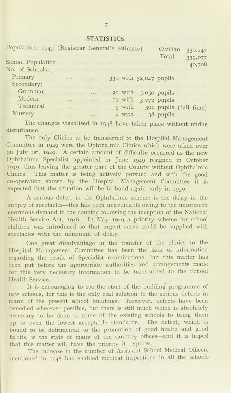 STATISTICS. Population, 1949 (Kegistrar General’s estimate) Civilian 330,247 Total 339.077 School Population No. of Schools: 40,708 Primary 330 with 32,047 pupils Secondary: Grammar Modem Technical 21 with 5,050 pupils 19 with 3,272 pupils 5 with 301 pupils (full time) I with 38 pupils Nursery The changes visualised in 1948 have taken place without undue disturbance. The only Clinics to be transferred to the Hospital Management Committee in 1949 were the Ophthalmic Clinics which were taken over on July ist, 1949. A certain amount of difficulty occurred as the new Ophthalmic Specialist appointed in June 1949 resigned in October 1949, thus leaving the greater part of the County without Ophthalmic Clinics. This matter is being actively pursued and with the good co-operation shown by the Hospital Management Committee it is expected that the situation will be in hand again early in 1950. A serious defect in the Ophthalmic scheme is the delay in the supply of spectacles—this has been unavoidable owing to the unforeseen enormous demand in the country following the inception of the National Health Service Act, 1946. In May 1949 a priority scheme for school children was introduced so that urgent cases could be supplied with spectacles with the minimum of delay. One great disadvantage in the transfer of the clinics to the Hospital Management Committee has been the lack of information regarding the result of Specialist examinations, but this matter has been put before the appropriate authorities and arrangements made for this very necessary information to be transmitted to the School Health Service. It is encouraging to see the start of the building* programme of new schools, for this is the only real solution to the serious defects in many of the present school buildings. However, defects have been remedied wherever possible, but there is still much which is absolutely necessary to be done to some of the existing schools to bring them up to even the lowest acceptable standards. The defect, which is bound to be detrimental to the promotion of good health and good habits, is the state of many of the sanitary offices—and it is hoped that this matter will have the priority it requires. The increase in the number of Assistant School Medical Officers mentioned in 1948 has enabled medical inspections in all the schools