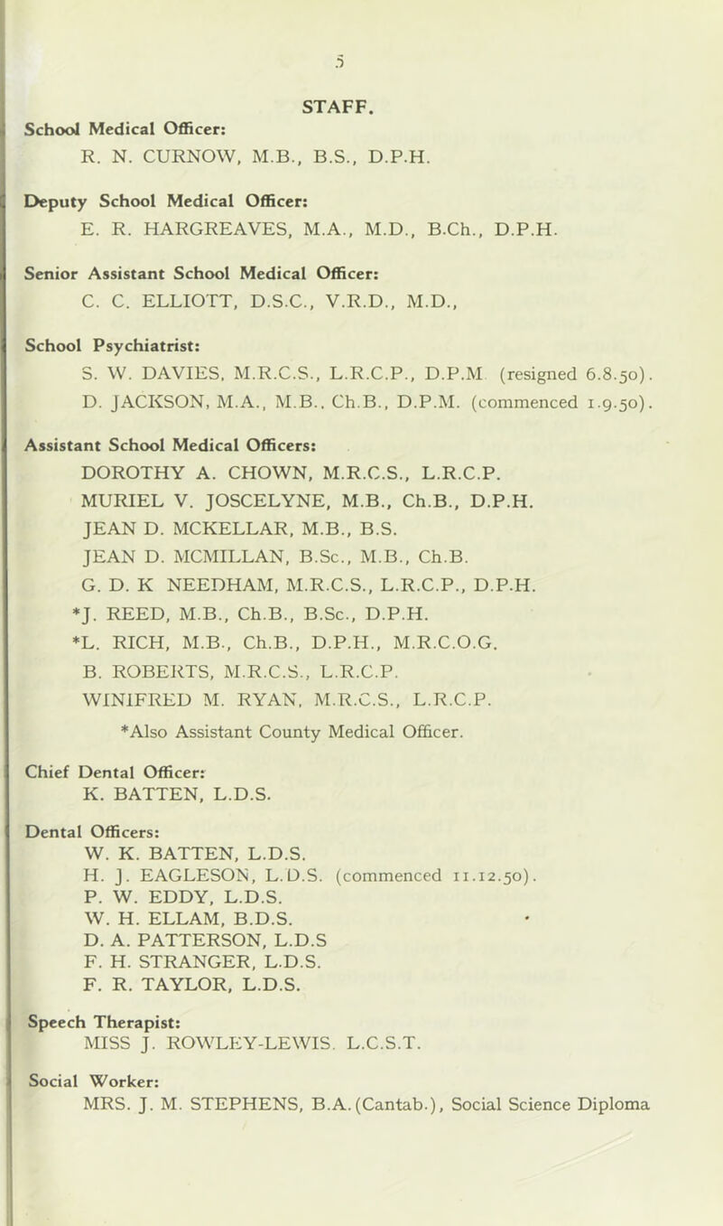 STAFF School Medical Officer: R. N. CURNOW, M.B., B.S., D.P.H. Deputy School Medical Officer: E. R. HARGREAVES, M.A., M.D., B.Ch., D.P.H. Senior Assistant School Medical Officer: C. C. ELLIOTT, D.S.C., V.R.D., M.D., School Psychiatrist: S. W. DAVIES. M.R.C.S., L.R.C.P., D.P.M (resigned 6.8.50). D. JACKSON, M.A., M.B.. Ch.B., D.P.M. (commenced 1.9.50). Assistant School Medical Officers: DOROTHY A. CHOWN, M.R.C.S., L.R.C.P. MURIEL V. JOSCELYNE, M.B., Ch.B., D.P.H. JEAN D. MCKELLAR, M.B., B.S. JEAN D. MCMILLAN, B.Sc., M.B., Ch.B. G. D. K NEEDHAM, M.R.C.S., L.R.C.P., D.P.H. *J. REED, M.B., Ch.B., B.Sc., D.P.H. *L. RICH, M.B., Ch.B., D.P.H., M.R.C.O.G. B. ROBERTS, M.R.C.S., L.R.C.P. WINIFRED M. RYAN, M.R.C.S., L.R.C.P. *Also Assistant County Medical Officer. Chief Dental Officer: K. BATTEN, L.D.S. Dental Officers: W. K. BATTEN, L.D.S. H. J. EAGLESON, L.D.S. (commenced n.12.50). P. W. EDDY, L.D.S. W. H. ELLAM, B.D.S. D. A. PATTERSON, L.D.S F. H. STRANGER, L.D.S. F. R. TAYLOR, L.D.S. Speech Therapist: MISS J. ROWLEY-LEWIS. L.C.S.T. Social Worker: MRS. J. M. STEPHENS, B.A.(Cantab.), Social Science Diploma