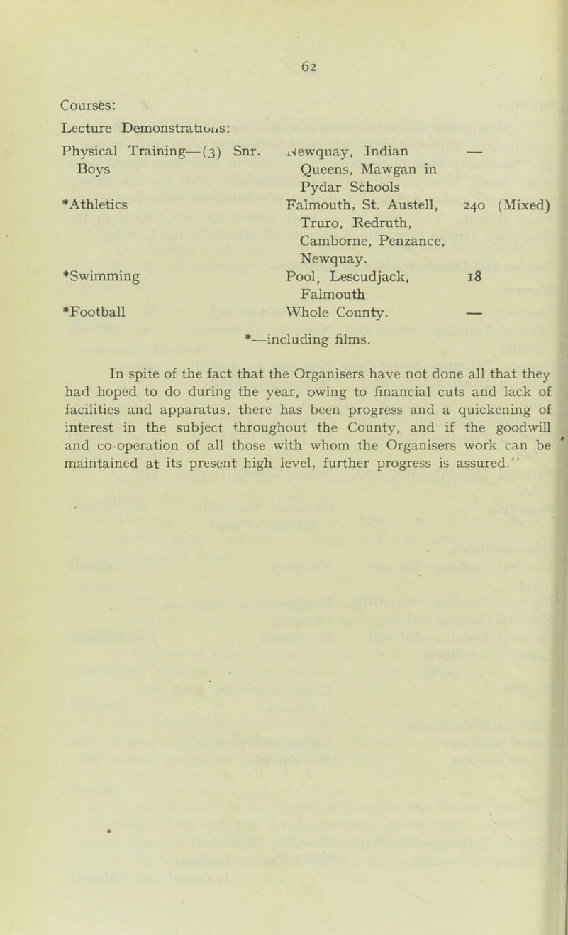 Courses: Lecture Demonstrations: Physical Training—(3) Snr. Boys ♦Athletics ♦Swimming ♦Football Newquay, Indian — Queens, Mawgan in Pydar Schools Falmouth, St. Austell, 240 (Mixed) Truro, Redruth, Camborne, Penzance, Newquay. Pool, Lescudjack, 18 Falmouth Whole County. — *-—including films. In spite of the fact that the Organisers have not done all that they had hoped to do during the year, owing to financial cuts and lack of facilities and apparatus, there has been progress and a quickening of interest in the subject throughout the County, and if the goodwill and co-operation of all those with whom the Organisers work can be maintained at its present high level, further progress is assured.”