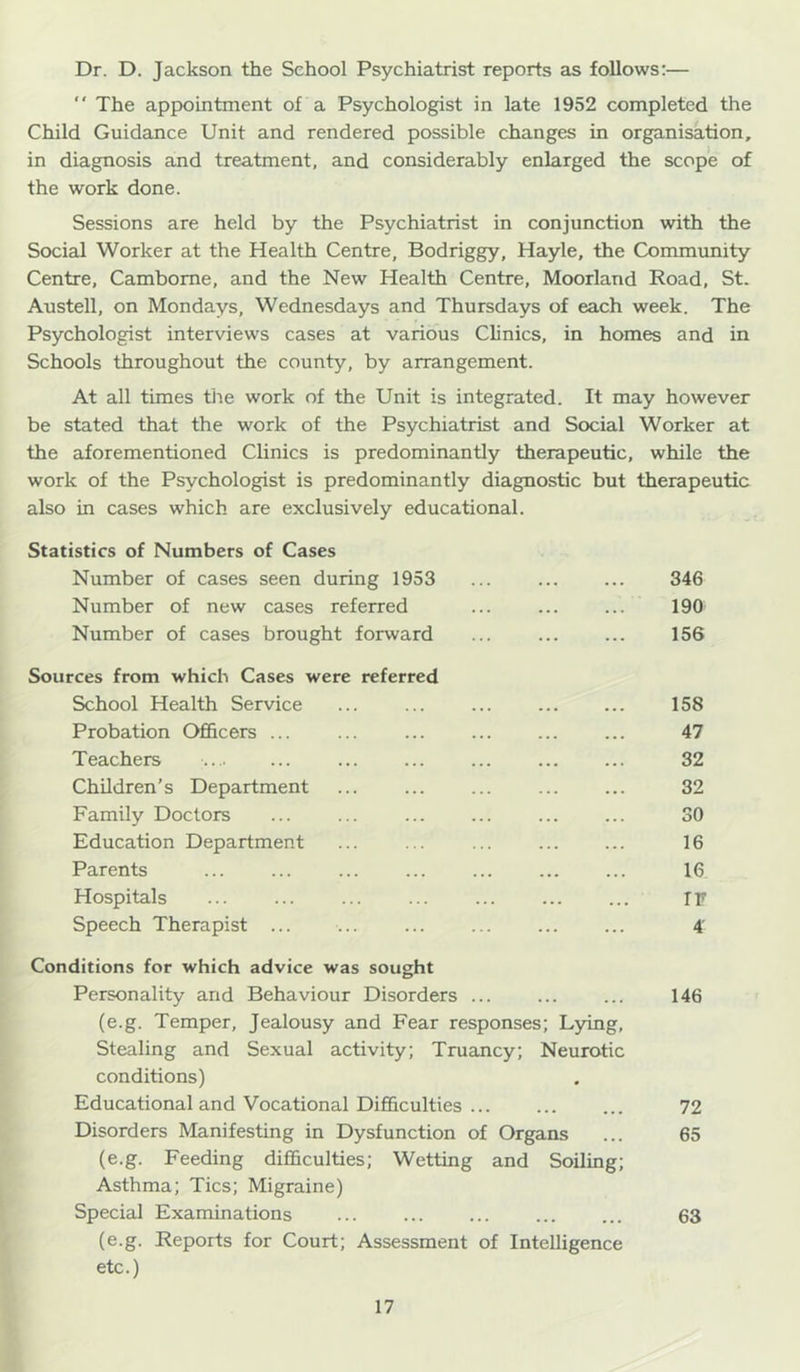 Dr. D. Jackson the School Psychiatrist reports as follows;—  The appointment of a Psychologist in late 1952 completed the Child Guidance Unit and rendered possible changes in organisation, in diagnosis and treatment, and considerably enlarged the scope of the work done. Sessions are held by the Psychiatrist in conjunction with the Social Worker at the Health Centre, Bodriggy, Hayle, the Community Centre, Camborne, and the New Health Centre, Moorland Road, St. Austell, on Mondays, Wednesdays and Thursdays of each week. The Psychologist interviews cases at various Clinics, in homes and in Schools throughout the county, by arrangement. At all times tlie work of the Unit is integrated. It may however be stated that the work of the Psychiatrist and Social Worker at the aforementioned Clinics is predominantly therapeutic, while the work of the Psychologist is predominantly diagnostic but therapeutic also in cases which are exclusively educational. Statistics of Numbers of Cases Number of cases seen during 1953 346 Number of new cases referred ... ... ... 190 Number of cases brought forward ... ... ... 156 Sources from which Cases were referred School Health Service 158 Probation Ofl&cers ... ... ... ... ... ... 47 Teachers ... ... ... ... ... 32 Children’s Department ... ... ... ... ... 32 Family Doctors ... ... ... ... ... ... 30 Education Department 16 Parents 16 Hospitals ... ... ... ... ... ... ... IF Speech Therapist ... ... ... ... ... ... 4' Conditions for which advice was sought Personality and Behaviour Disorders ... ... ... 146 (e.g. Temper, Jealousy and Fear responses; Lying, Stealing and Sexual activity; Truancy; Neurotic conditions) Educational and Vocational Difficulties 72 Disorders Manifesting in Dysfunction of Organs ... 65 (e.g. Feeding difficulties; Wetting and Soiling; Asthma; Tics; Migraine) Special Examinations ... ... ... ... ... 63 (e.g. Reports for Court; Assessment of Intelligence etc.)