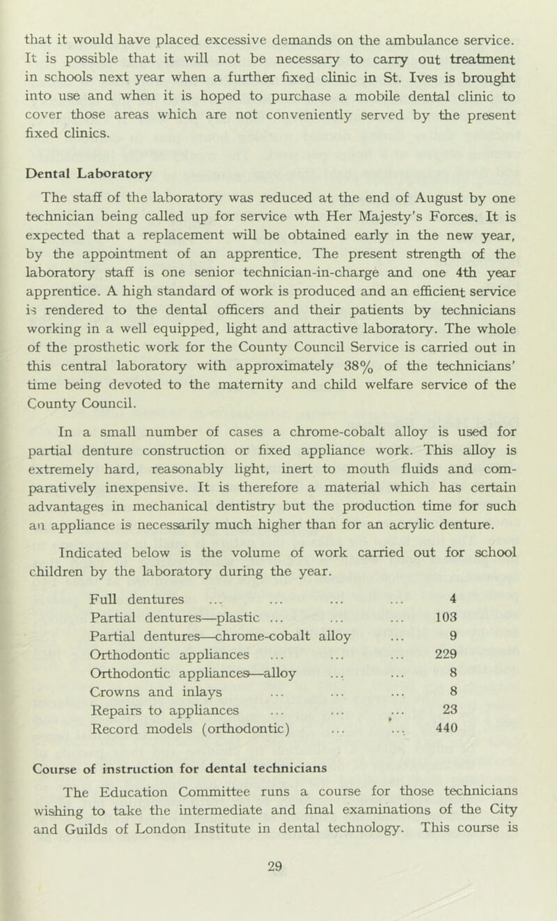 that it would have placed excessive demands on the ambulance service. It is possible that it will not be necessary to carry out treatment in schools next year when a further fixed clinic in St. Ives is brought into use and when it is hoped to purchase a mobile dental clinic to cover those areas which are not conveniently served by the present fixed clinics. Dental Laboratory The staff of the laboratory was reduced at the end of August by one technician being called up for service wth Her Majesty’s Forces. It is expected that a replacement will be obtained early in the new year, by the appointment of an apprentice. The present strength of the laboratory staff is one senior technician-in-charge and one 4th year apprentice. A high standard of work is produced and an efl&cient service is rendered to the dental oflhcers and their patients by technicians working in a well equipped, light and attractive laboratory. The whole of the prosthetic work for the County Council Service is carried out in this central laboratory with approximately 38% of the technicians’ time being devoted to the maternity and child welfare service of the County Council. In a small number of cases a chrome-cobalt alloy is used for partial denture construction or fixed appliance work. This alloy is extremely hard, reasonably light, inert to mouth fluids and com- paratively inexpensive. It is therefore a material which has certain advantages in mechanical dentistry but the production time for such an appliance is necessarily much higher than for an acrylic denture. Indicated below is the volume of work carried out for school children by the laboratory during the year. FuU dentures ... ... ... ... 4 Partial dentures—plastic ... ... ... 103 Partial dentures—chrome-cobalt alloy ... 9 Orthodontic appliances ... ... ... 229 Orthodontic appliances—alloy ... ... 8 Crowns and inlays ... ... ... 8 Repairs to appliances ... ... ... 23 Record models (orthodontic) ... ... 440 Course of instruction for dental technicians The Education Committee runs a course for those technicians wishing to take the intermediate and final examinations of the City and Guilds of London Institute in dental technology. This course is