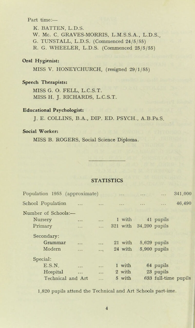 Part time:— K. BATTEN. L.D.S. W. Me. C. GRAVES-MORRIS, L.M.S.S.A., L.D.S., G. TUNSTALL, L.D.S. (Commenced 24/5/55) R. G. WHEELER, L.D.S. (Commenced 25/5/55) Oral Hygienist: MISS V. HONEYCHURCH, (resigned 29/1/55) Speech Therapists: MISS G. O. FELL. L.C.S.T. MISS H. J. RICHARDS, L.C.S.T. Educational Psychologist: J. E. COLLINS, B.A., DIP. ED. PSYCH., A.B.Ps.S. Social Worker: MISS B. ROGERS, Social Science Diploma. STATISTICS Population 1955 (approximate) 341,000 School Population ... 46,490 Number of Schools:— Nursery Primary 1 with 321 with 41 pupils 34,200 pupils Secondary: Grammar Modem 21 with 24 with 5,629 pupils 5,900 pupils Special: E.S.N. Hospital Technical and Art 1 with 2 with 5 with 64 pupils 23 pupils 633 full-time pupils 1,820 pupils attend the Technical and Art Schools part-ime.