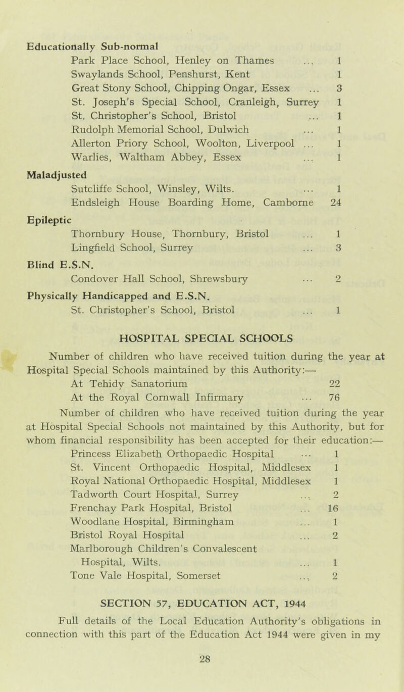 Educationally Sub-normal Park Place School, Henley on Thames 1 Swaylands School, Penshurst, Kent 1 Great Stony School, Chipping Ongar, Essex ... 3 St. Joseph’s Special School, Cranleigh, Surrey 1 St. Christopher’s School, Bristol ... 1 Rudolph Memorial School, Dulwich ... 1 Allerton Priory School, Woolton, Liverpool ... 1 Warlies, Waltham Abbey, Essex ... 1 Maladjusted Sutcliffe School, Winsley, Wilts. ... 1 Endsleigh House Boarding Home, Camborne 24 Epileptic Thombury House, Thornbury, Bristol ... 1 Lingfield School, Surrey ... 3 Blind E.S.N, Condover Hall School, Shrewsbury ... 2 Physically Handicapped and E.S.N. St. Christopher’s School, Bristol ... 1 HOSPITAL SPECIAL SCHOOLS Number of children who have received tuition during the year at Hospital Special Schools maintained by this Authority;— At Tehidy Sanatorium 22 At the Royal Cornwall Infirmary ... 76 Number of children who have received tuition during the year at Hospital Special Schools not maintained by this Authority, but for whom financial lesponsibility has been accepted for their education:— Princess Elizabeth Orthopaedic Hospital ... 1 St. Vincent Orthopaedic Hospital, Middlesex 1 Royal National Orthopaedic Hospital, Middlesex 1 Tadworth Court Hospital, Surrey ... 2 Frenchay Park Hospital, Bristol ... 16 Woodlane Hospital, Birmingham ... 1 Bristol Royal Hospital ... 2 Marlborough Children’s Convalescent Hospital, Wilts. ... 1 Tone Vale Hospital, Somerset .., 2 SECTION 57, EDUCATION ACT, 1944 Full details of the Local Education Authority’s obligations in connection with this part of the Education Act 1944 were given in my