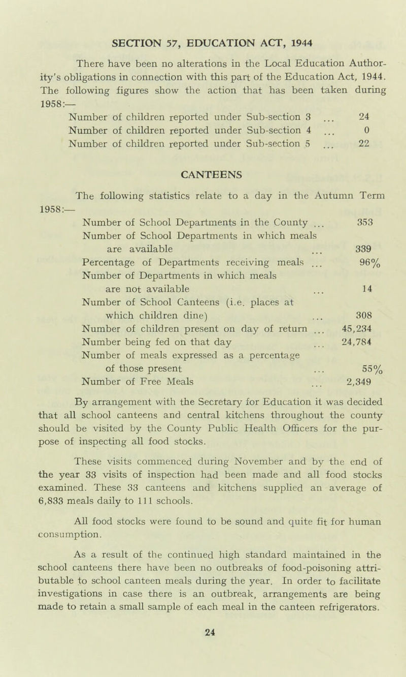 SECTION 57, EDUCATION ACT, 1944 There have been no alterations in the Local Education Author- ity’s obligations in connection with this part of the Education Act, 1944. The following figures show the action that has been taken during 1958:— Number of children reported under Sub-section 3 ... 24 Number of children reported under Sub-section 4 ... 0 Number of children reported under Sub-section 3 ... 22 CANTEENS The following .statistics relate to a day in the Autumn Term 1958:— Number of School Departments in the County ... 353 Number of School Departments in which meals are available ... 339 Percentage of Departments receiving meals ... 96% Number of Departments in which meals are not available ... 14 Number of School Canteens (i.e. places at which children dine) ... 308 Number of children present on day of return ... 45,234 Number being fed on that day .. 24,784 Number of meals expressed as a percentage of those present ... 55% Number of Free Meals ... 2,349 By arrangement with the Secretary for Education it was decided that all school canteens and central kitchens throughout the county should be visited by the County Public Health OflScers for the pur- pose of inspecting all food stocks. These visits commenced during November and by the end of the year 33 visits of inspection had been made and all food stocks examined. These 33 canteens and kitchens supplied an average of 6,833 meals daily to 111 schools. All food stocks were found to be sound and quite fit for human consumption. As a result of the continued high standard maintained in the school canteens there have been no outbreaks of food-poisoning attri- butable to school canteen meals during tlie year. In order to facilitate investigations in case there is an outbreak, arrangements are being made to retain a small sample of each meal in the canteen refrigerators.