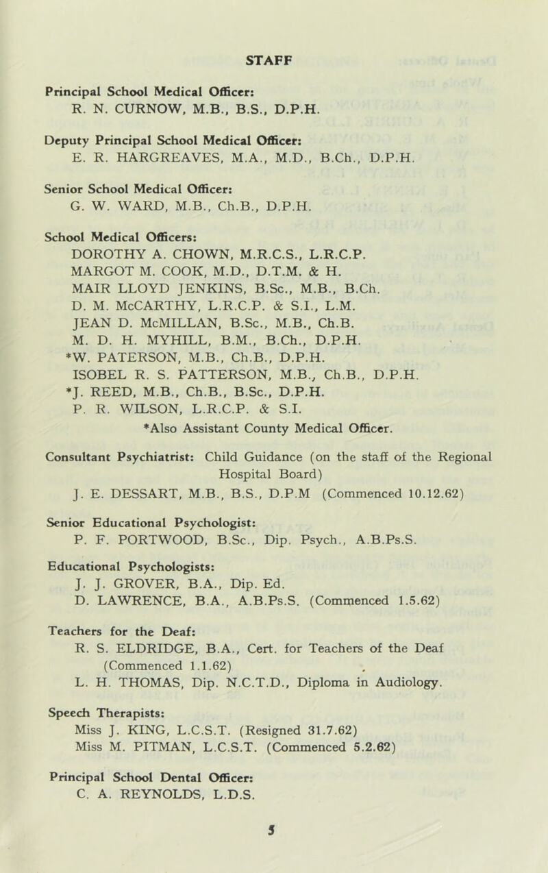 STAFF Principal School Medical Officer: R. N. CURNOW, M.B.. B.S., D.P.H. Deputy Principal School Medical Officer: E. R. HARGREAVES, M.A., M.D., B.Ch., D.P.H. Senior School Medical Officer: G. W. WARD, M.B., Ch.B., D.P.H. School Medical Officers: DOROTHY A. CHOWN, M.R.C.S., L.R.C.P. MARGOT M. COOK, M.D., D.T.M. & H. MAIR LLOYD JENKINS, B.Sc., M.B., B.Ch. D. M. McCarthy, l.r.c.p. & s.i., l.m. JEAN D. McMillan, B.Sc., M.B,, Ch.B. M. D. H. MYHILL, B.M.. B.Ch., D.P.H. ♦W. PATERSON, M.B., Ch.B., D.P.H. ISOBEL R. S. PATTERSON, M.B., Ch.B., D.P.H. ♦J. REED, M.B., Ch.B., B.Sc., D.P.H. P. R. WILSON, L.R.C.P. & S.I. *Also Assistant County Medical Officer. Consultant Psychiatrist: Child Guidance (on the staff of the Regional Hospital Board) J. E. DESSART, M.B., B.S., D.P.M (Commenced 10.12.62) Senior Educational Psychologist: P. F. PORTWOOD, B.Sc., Dip. Psych., A.B.Ps.S. Educational Psychologists: J. J. GROVER, B.A., Dip. Ed. D. LAWRENCE, B.A., A.B.Ps.S. (Commenced 1.5.62) Teachers for the Deaf: R. S. ELDRIDGE, B.A., Cert, for Teachers of the Deaf (Commenced 1.1.62) L. H. THOMAS, Dip. N.C.T.D., Diploma in Audiology. Speech Therapists: Miss J. KING, L.C.S.T. (Resigned 31.7.62) Miss M. PITMAN, L.C.S.T. (Commenced 5.2.62) Principal School Dental Officer: C. A. REYNOLDS, L.D.S,