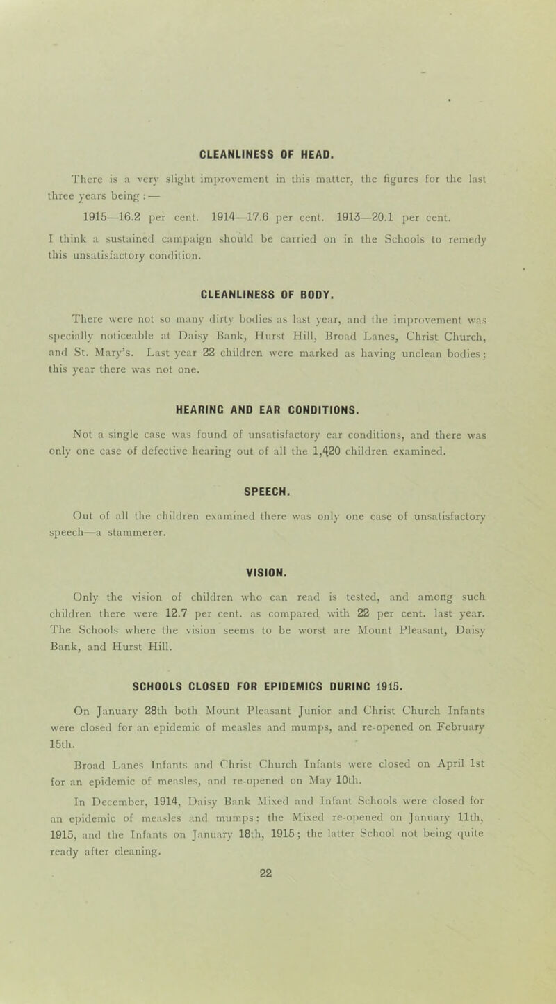 CLEANLINESS OF HEAD. There is a very slight imi)rc)venient in this matter, the figures for the last three years being : — 1915—16.2 per cent. 1914—17.6 per cent. 1913—20.1 per cent. I think a sustained cami)aign should be carried on in the Schools to remedy this unsatisfactory condition. CLEANLINESS OF BODY. There were not so many dirty bodies as last year, and the improvement was specially noticeable at Daisy Bank, Hurst Hill, Broad Lanes, Christ Church, and St. Mary’s. Last year 22 children were marked as having unclean bodies: this year there was not one. HEARINC AND EAR CONDITIONS. Not a single case was found of unsatisfactory ear conditions, and there was only one case of defective hearing out of all the 1,420 children e.vamined. SPEECH. Out of all the children e.xamined there was only one case of unsatisfactory speech—a stammerer. VISION. Only the vision of children who can read is tested, and among such children there were 12.7 per cent, as compared with 22 per cent, last year. The Schools where the vision seems to be worst are Mount Pleasant, Daisy Bank, and Hurst Hill. SCHOOLS CLOSED FOR EPIDEMICS DURINC 1915. On January 28th both Mount Pleasant Junior and Christ Church Infants were closed for an epidemic of measles and mumps, and re-opened on February 15th. Broad Lanes Infants and Christ Church Infants were closed on April 1st for an epidemic of measles, and re-opened on May 10th. In December, 1914, Daisy Bank Mi.xed and Infant Schools were closed for an epidemic of measles and mumps: the Mixed re-opened on January 11th, 1915, and the Infants on January 18th, 1915; the latter School not being quite ready after cleaning.