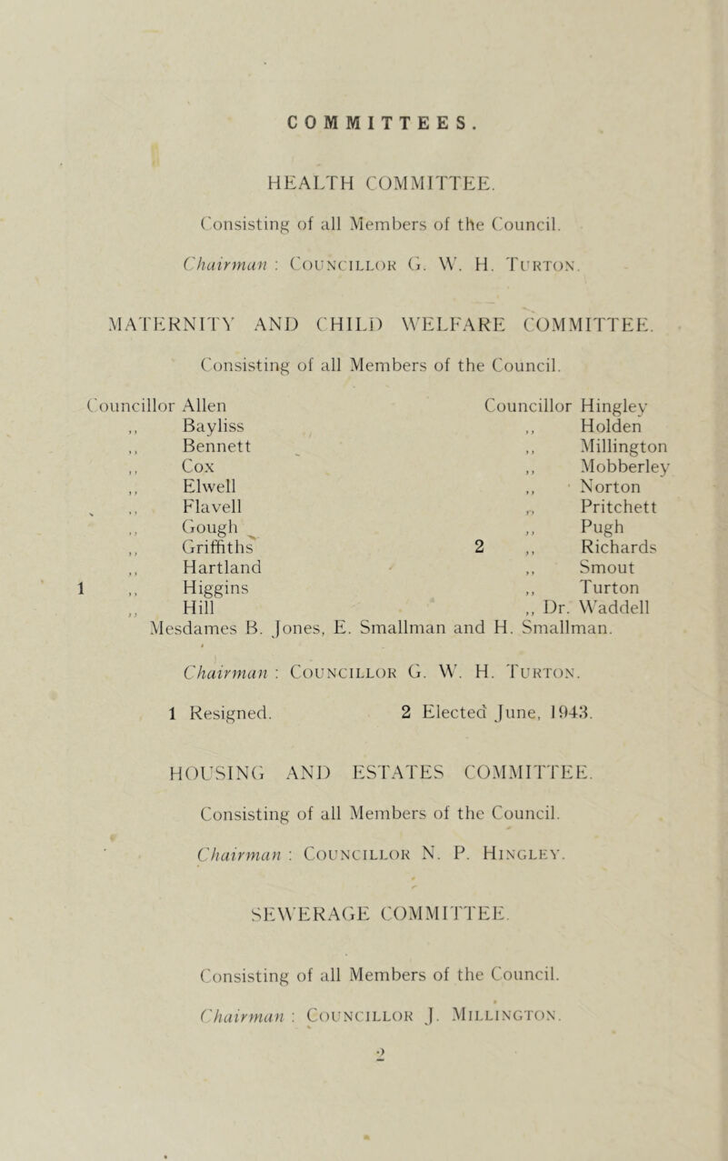 COMMITTEES. HEALTH COMMITTEE. ('onsisting of all Members of the (a)uncil. Chairman : Councillor 0. W'. H. Turton. MATERNITY AND CHILD WELEARE COMMITTEE Consisting of all Members of the Council. Councillor Allen ,, Bayliss ,, Bennett ,, Cox ,, Elwell Fla veil Gough ^ ,, Griffiths Hartland Higgins Hill Councillor Hingley Holden Millington Mobberley ' Norton Pritchett Pugh Richards Smout Turton Dr. Wffiddell Mesdames B. Jones, E. Smallman and H. Smallman. I Chairman : Councillor G. W'. H. Turton. 1 Resigned. 2 Elected June, 1948. HOUSLNC’x AND ESTATES COMMITTEE. Consisting of all Members of the Council. Chairman ; Councillor N. P. Hinglp:v. SEWERAGE COMMITTEE, Consisting of all Members of the Council. Chairman : Coiincillor J. Millington. •)