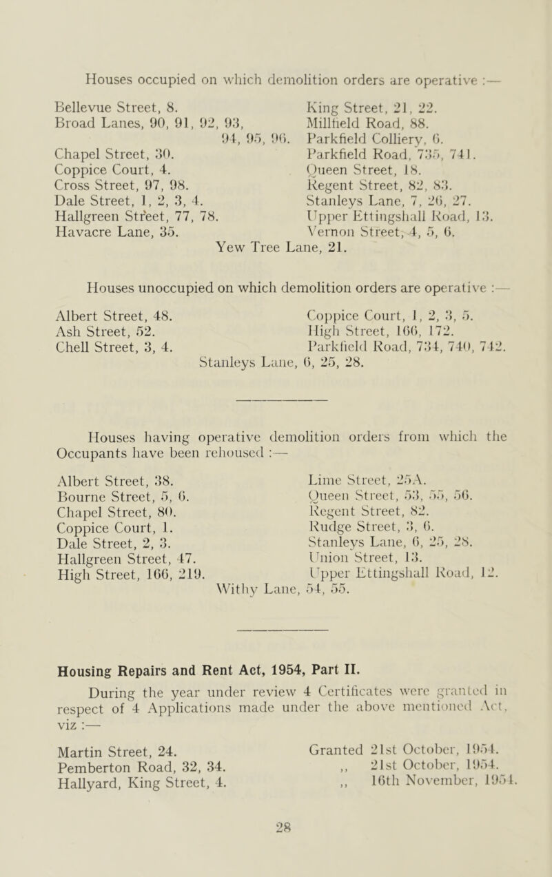 Houses occupied on which demolition orders are operative :— Bellevue Street, 8. Broad Lanes, 90, 91, 92, 93, Chapel Street, 30. Coppice Court, 4. Cross Street, 97, 98. Dale Street, 1, 2, 3, 4. Hallgreen Street, 77, 78. Havacre Lane, 35. King Street, 21, 22. Millheld Road, 88. 94, 95, 96. Parkfteld Colliery, 0. Parkfield Road, 735, 741. Queen Street, 18. Regent Street, 82, 83. Stanleys Lane, 7, 26, 27. Upper Ettingshall Road, 13. Vernon Street, 4, 5, 6. Yew Tree Lane, 21. Houses unoccupied on which demolition orders are operative Albert Street, 48. Coppice Court, 1, 2, 3, 5. Ash Street, 52. High Street, 166, 172. Chell Street, 3, 4. Parkfield Road, 734, 740, 742. Stanleys Lane, 6, 25, 28. Houses having operative demolition orders from which the Occupants have been rehoused :— Albert Street, 38. Bourne Street, 5, 6. Chapel Street, 80. Coppice Court, 1. Dale Street, 2, 3. Hallgreen Street, 47. High Street, 166, 219. Lime Street, 25A. Queen Street, 53, 55, 56. Regent Street, 82. Rudge Street, 3, 6. Stanleys Lane, 6, 25, 28. Union Street, 13. Upper Ettingshall Road, 12. Withy Lane, 54, 55. Housing Repairs and Rent Act, 1954, Part II. During the year under review 4 Certificates were granted in respect of 4 Applications made under the above mentioned Act, viz :— Martin Street, 24. Granted 21st October, 1954. Pemberton Road, 32, 34. „ 21st October, 1954. Hallyard, King Street, 4. ,, 16th November, 195 4.