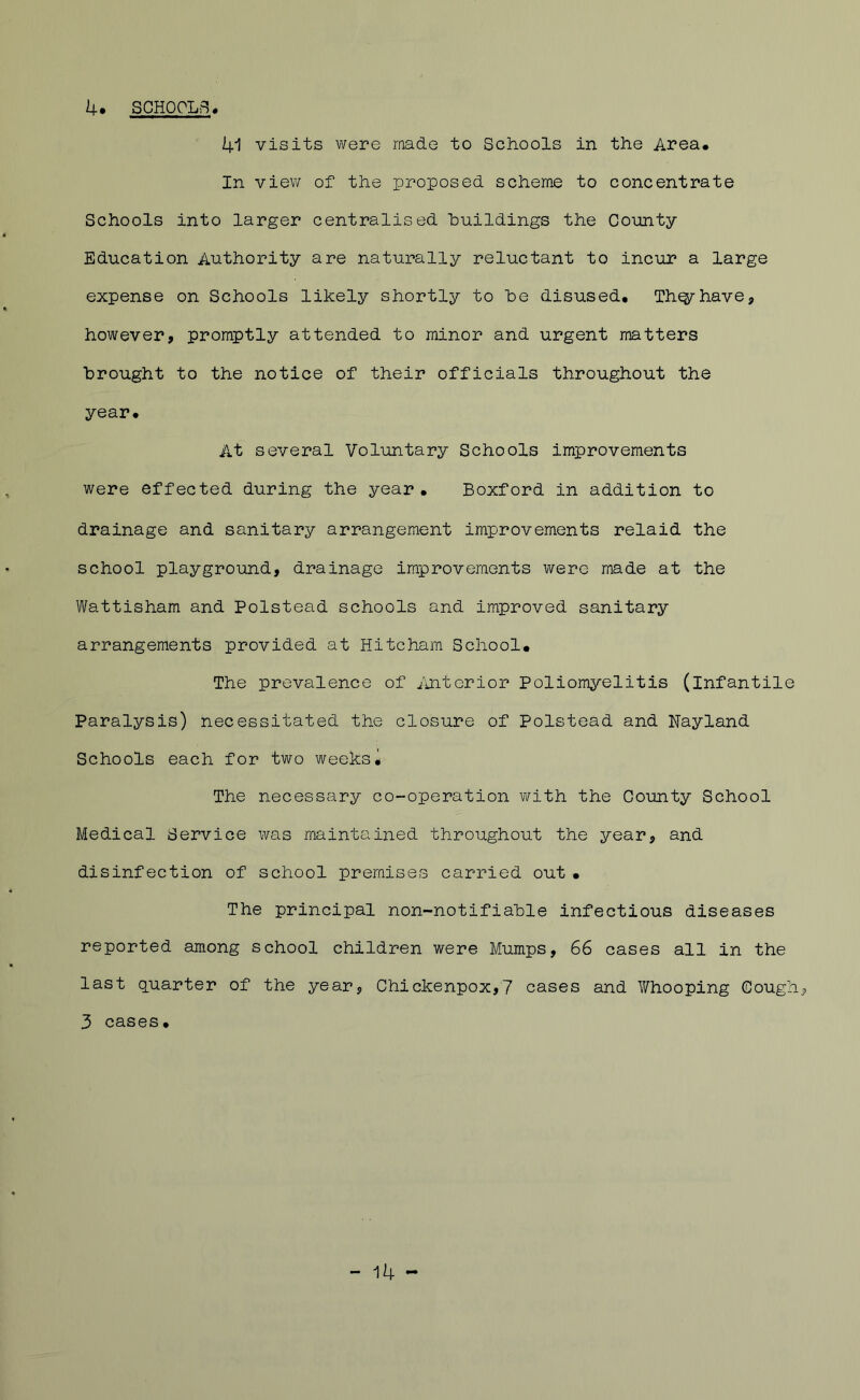 41 visits were made to Schools in the Area. In view of the proposed scheme to concentrate Schools into larger centralised huildings the County Education Authority are naturally reluctant to incur a large expense on Schools likely shortly to he disused. Thqyhave, however, promptly attended to minor and urgent matters brought to the notice of their officials throughout the year. At several Voluntary Schools improvements were effected during the year. Boxford in addition to drainage and sanitary arrangement improvements relaid the school playground, drainage improvements were made at the Wattisham and Polstead schools and improved sanitary arrangements provided at Hitcham School. The prevalence of interior Poliomyelitis (infantile Paralysis) necessitated the closure of Polstead and Nayland Schools each for two weeks^ The necessary co-operation with the Coimty School Medical Service was maintained throughout the year, and disinfection of school premises carried out • The principal non-notifiable infectious diseases reported among school children were Mumps, 66 cases all in the last quarter of the year, Chickenpox,7 cases and Whooping Cough, 3 cases. - 14