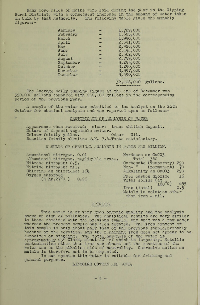 Many more miles of mains ^-cre laid during the year in the Gipping Rural District^ v/ith a consequent increase in the amount of water taken in bulk by that Authority, The following table gives the monthly figures:- January - 1,729,000 February - 1,825,000 March - 1,990,000 April - 2,591,000 May - 2,928,000 June -• 2,494,000 July - 2,562,000 Augus t - 2,759,000 September - 3,253,000 October - 3,290,000 November - 3,397,000 December - 3,590,000 32,4085000 gallons. The Average daily iDumping figure at the end of December was 390,000 gallons compared with 240,000 gallons in the corresponding period of tho previous year. A sample of the water was submitted to the Analyst on the 24th October for chemical analysis and was reported upon as follows:- C_ERTIg^ia:\TE pP /ATaLYSIS_ _01’ WATER iippearance when received: clear: trace whitish deposit. Nature of deposit vegetable matter. Colour faintly yellov/. Odour Nil, Reaction faintly alkaline R.H, 7*6,Taste satisfactory, R:^.SULTS op CIMviIGilL ..NALYSI3 IN PixRTS x^LR MILLION. Anumoniacal nitrogen, 0,01 iilbuminoid nitrogen, negligible traco. Nitrate nitrogen: 0,3. Nitrite nitrogen: nil. Chlorine as chlorides: l64 Oxygen absorbed (4 hr.RT^C ) 0.26 Hardness as CaC03 Total 360 Carbonate (Temporary) 290 Non- *' (permanent) 70 Alkalinity as CaC03 290 Free carbon dioxide I6 Total solids (at ^ ^ 100°c) 655 Iron (total) 0,5 Metals in solution oth^^r than iron - nil. g^INION. This watur is of very good organic quality and the analysis shows no sign of pollution. The analytical results are very similar to those obtained with the previous sample, but that was a rav; vi^ater Yifhereas the present somple has been aerated. Thw iron content of this sampli. is only about half that of the previous sample,probably because of the aeration, and the remaining iron does not appear to be deposited on standing. The total hardness of the water is approximately 23*^ Clark, about 20^ of v/hich is temporary. Metallic contamination other than iron was absent and the reaction of the water was on the alkaline siole of neutrality. Corrosive action on metals is therefore not to be expected. In our opinion this water is suitable for drinleing and general purposes, ” LINCOLNS SUTTON ixRD /OOD,