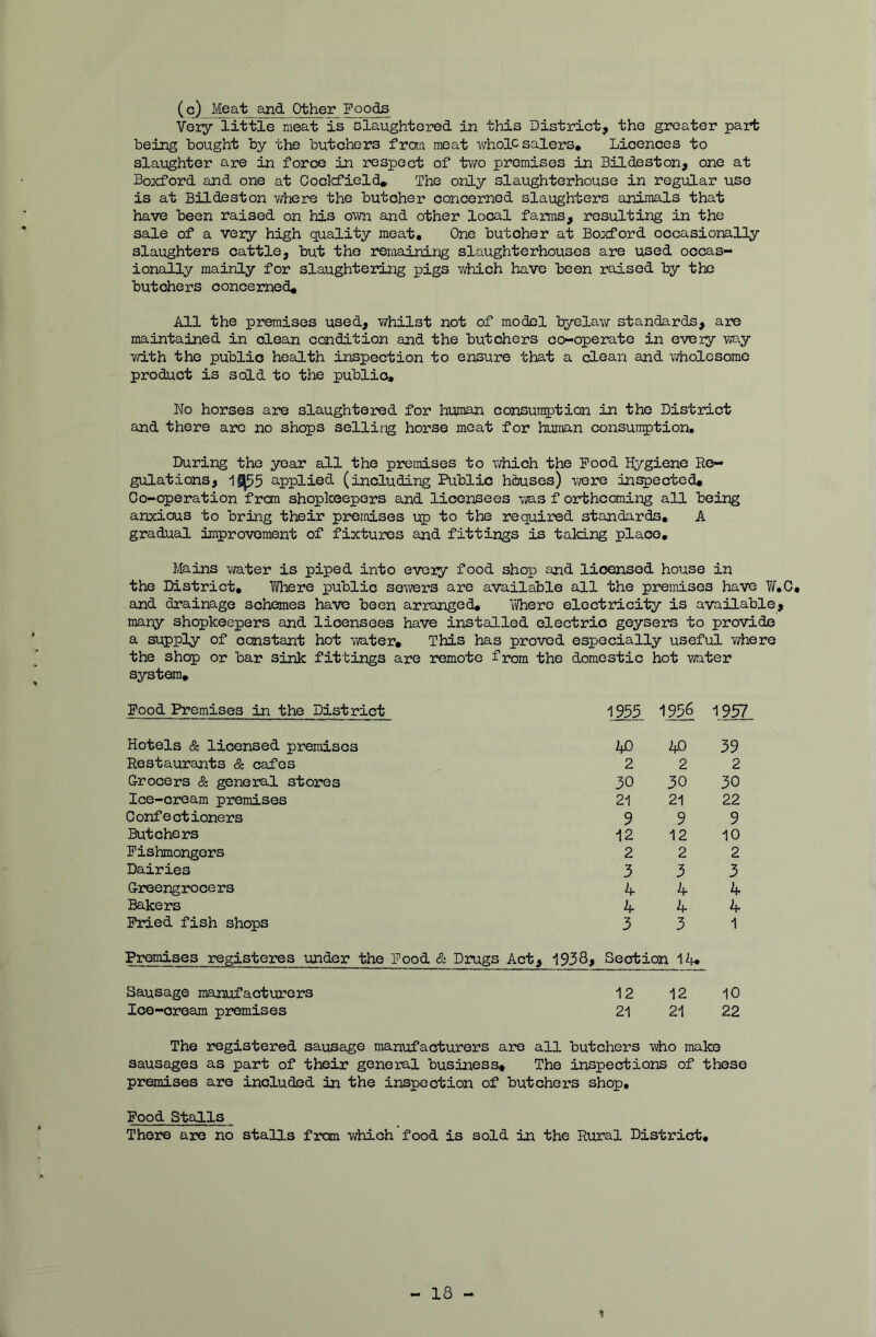 (c) Meat and Other_Foo^ Very little meat is slaughtered in this District, the greater part being bought by the butchers fran meat v/hoic salers* Licences to slaughter are in force in respect of two premises in Bildeston, one at Boxford and one at Cockfield*, The only slaughterhouse in regular use is at Bildeston vdiere the butcher concerned slaughters animals that have been raised on his own and other local farms, resulting in the sale of a very high quality meat. One butcher at Boxford occasionally slaughters cattle, but the remaining slaughterhouses are used occas- ionally mainly for slaughtering pigs which have been raised by the butchers concerned. All the premises used, whilst not of model byelaw standards, are maintained in clean condition and the butchers co-operate in every way with the public health inspection to ensure that a clean and v/holesome product is sold to the public. No horses ar^e slaughtered for human consurapticn in the District and there arc no shops selling horse moat for human consun^jtion. During the year all the premises to which the Pood Hygiene Re- gulations, iS[55 applied (including Public h&uses) were inspected. Co-operation from shopkeepers and licensees was f orthcoraing all being anxious to bring their premises up to the required standards, A gradual improvement of fixtures and fittings is talcing place. Mains water is piped into eveay food shop and licensed house in the District, Where public sewers are available all the premises have Yif.C, and drainage schemes have been arranged, Yi/hero electricity is available, many shopkeepers and licensees have installed electric geysers to provide a supply of constant hot water. This has proved especially useful where the shop or bar sink fittings are remote from the domestic hot water system. Food Premises in the District 1955 1956 1957 Hotels & licensed premises 40 40 39 Restaurants & cafes 2 2 2 Grocers & general stores 30 30 30 Ice-cream premises 21 21 22 C onf e ct ioners 9 9 9 Butchers 12 12 10 Fishmongers 2 2 2 Dairies 3 3 3 Greengrocers 4 4 4 Bakers 4 4 4 Pried fish shops 3 3 1 Premises registeres under the Food & Drugs Act, 1938j Section 14« Sausage manufacturers 12 12 10 Ice-cream premises 21 21 22 The registered sausage manufacturers are all butchers ■v\ho make sausages as part of their general business. The inspections of these premises are included in the inspection of butchers shop. Food Stalls There are no stalls from which food is sold in the Rural District,