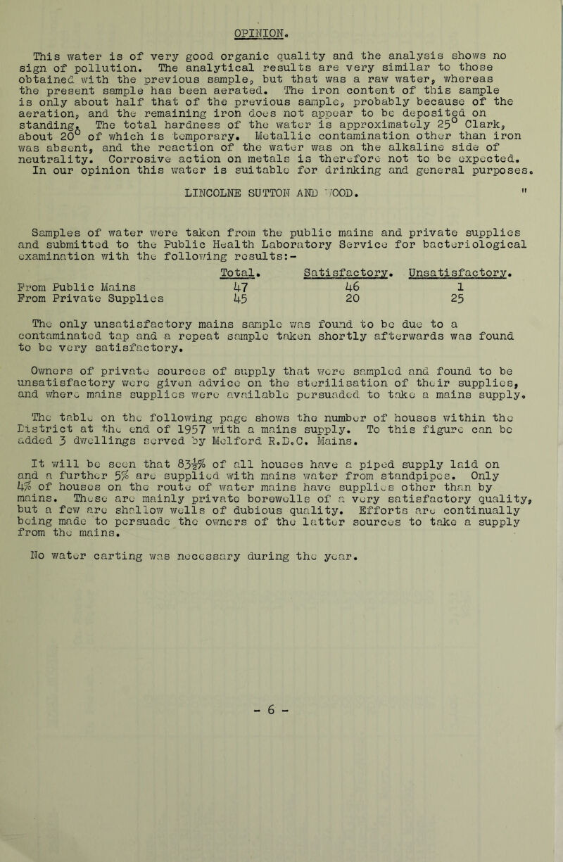 OPINION This water is of very good organic quality and the analysis shows no sign of pollution. The analytical results are very similar to those obtained with the previous sampler, but that was a raw water, whereas the present sample has been aerated. The iron content of this sample is only about half that of the previous sampler, probably because of the aeration^ and the remaining iron does not appear to be deposited on standing. The total hardness of the water is approximately 25° Clark, about 20° of which is temporary. Metallic contamination other than iron was absent, and the reaction of the water was on the alkaline side of neutrality. Corrosive action on metals is therefore not to be expected. In our opinion this water is suitable for drinking and general purposes. LINCOLNE SUTTON AND -OOP.  Samples of water were taken from the public mains and private supplies and submitted to the Public Health Laboratory Service for bacteriological examination with the following results Total. Satisfactory. Unsatisfactory. Prom Public Mains 47 46 1 Prom Private Supplies 45 20 25 The only unsatisfactory mains sample was found to be due to a contaminated tap and a repeat sample taken shortly afterwards was found to be very satisfactory. Owners of private sources of supply that were sampled and found to be unsatisfactory were given advice on the sterilisation of their supplies, and where mains supplies were available persuaded to take a mains supply. The tablu on the following page shows the number of houses within the Eistrict at the end of 1957 with a mains supply. To this figure can be added 3 dwellings served by Molford R.D.C. Mains. It will be seen that of all houses have a piped supply laid on and a further 5% are supplied with mains water from standpipes. Only k% of houses on the route of water mains have supplies other than by mains. These are mainly private borewells of a very satisfactory quality, but a few are shallow wells of dubious quality. Efforts are continually being made to persuade the owners of the latter sources to take a supply from the mains. No water carting was necessary during the year. - 6 -