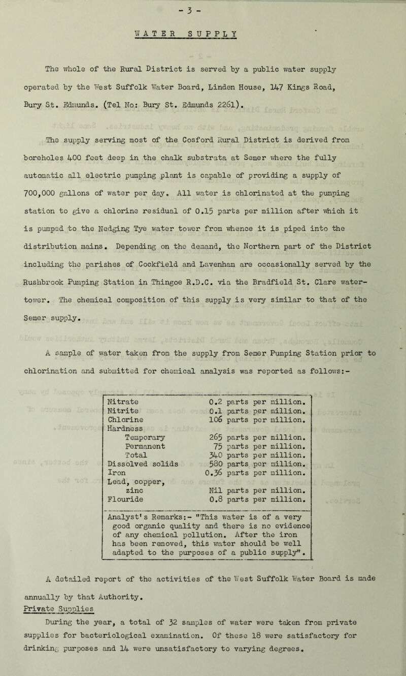 WATER SUPPLY The whole of the Rural District is served by a public water supply operated by the West Suffolk Water Board, Linden House, 147 Kings Road, Bury St. Edmunds. (Tel No: Bury St. Edmunds 226l). The supply serving most of the Cosford Rural District is derived from boreholes 400 feet deep in the chalk substrata at Semer where the fully automatic all electric pumping plant is capable of providing a supply of 700,000 gallons of water per day. All water is chlorinated at the pumping station to give a chlorine residual of 0.15 parts per million after which it is pumped to the Nedging Tye water tower from whence it is piped into the distribution mains. Depending on the demand, the Northern part of the District including the parishes of Cockfield and Lavenham are occasionally served by the Rushbrook Puraping Station in Thingoe R.D.C. via the Bradfield St. Clare water- tower. The chemical composition of this supply is very similar to that of the Semer supply. A sample of water taken from the supply from Semer Pumping Station prior to chlorination and submitted for chemical analysis was reported as follows:- Nitrate 0.2 parts per million. Nitrite 0.1 parts per million. Chlorine 106 parts per million. Hardness Temporary 265 parts per million. Permanent 75 parts per million. Total 340 parts per million. Dissolved solids 580 parts per million. Iron 0.36 parts per million. Lead, copper, zinc Nil parts per million. Flouride 0.8 parts per million. Analyst’s Remarks:- This water is of a very good organic quality and there is no evidence of any chemical pollution. After the iron has been removed, this water should be well adapted to the purposes of a public supply. A detailed report of the activities of the West Suffolk Water Board is made annually by that Authority. Private Supplies During the year, a total of 32 samples of water were taken from private supplies for bacteriological examination. Of these 18 were satisfactory for drinking purposes and 14 were unsatisfactory to varying degrees.
