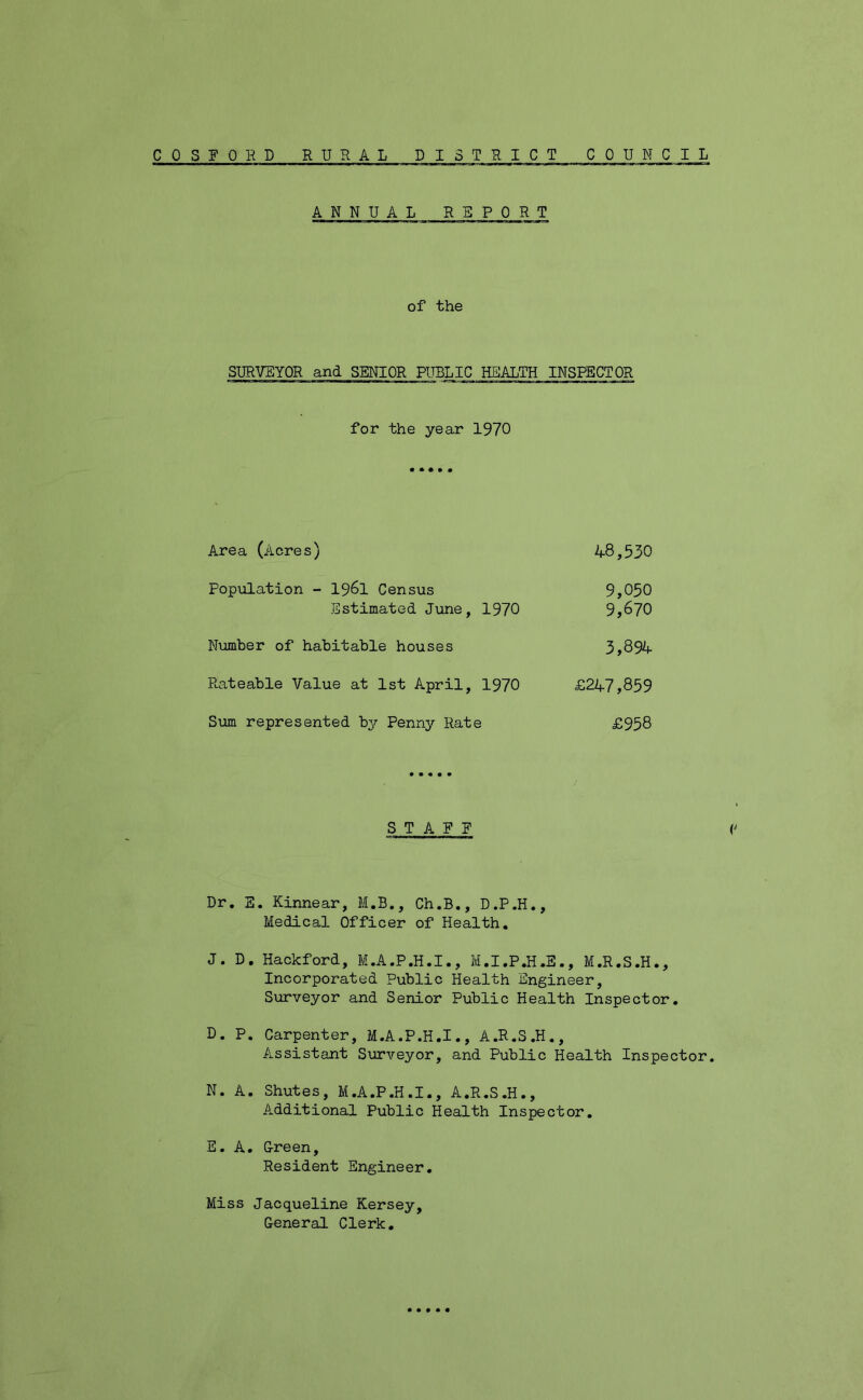 COSFORD RURAL D I S T R I C T COUNCI L ANN UAL REPORT of the SURVEYOR and SENIOR PUBLIC HEALTH INSPECTOR for the year 1970 Area (Acres) 48,530 Population - I96I Census 9,050 Estimated June, 1970 9,670 Niomber of habitable houses 3,894 Rateable Value at 1st April, 1970 £247,859 Sm represented by Penny Rate £958 STAFF Dr, E. Kinnear, M.B., Ch.B., D.P.H., Medical Officer of Health, J. D, Hackford, M.A,P,H,I,, M,I,P.H.E,, M,R,S.H,, Incorporated Public Health Engineer, Surveyor and Senior Public Health Inspector, D, P, Carpenter, M.A.P.H.I., A.R.S,H,, Assistant S\arveyor, and Public Health Inspector. N. A, Shutes, M,A,P.H,I,, A,R.S,H,, Additional Public Health Inspector, E. A, G-reen, Resident Engineer, Miss Jacqueline Kersey, General Clerk,