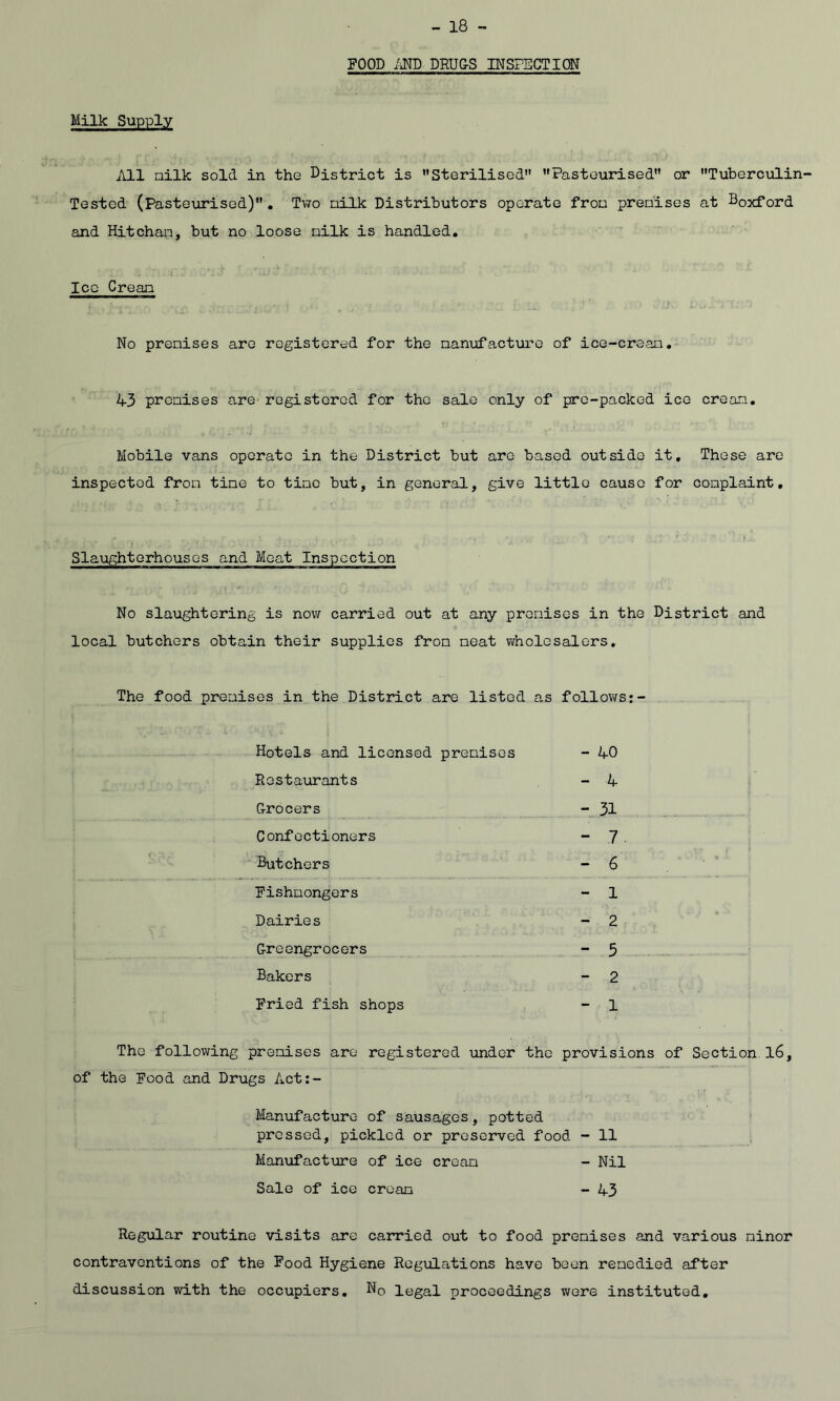 FOOD im. DRU&S INSPECTION Milk Supply j\ll nilk sold in the District is Sterilised” Pasteurised” or Tuberculin' Tested (Pasteurised)”. Two nilk Distributors operate fron prenises at Boxford and Hitchan, but no loose nilk is handled. Ice Crean No prenises are registered for the nanufacture of ice-crean.- if3 prenises are- registered for the sale only of pre-packed ice crean. Mobile vans operate in the District but are based outside it. These are inspected fron tine to tine but, in general, give little cause for conplaint, Slaughterhouses and Moat Inspection No slaughtering is now carried out at any prenises in the District and local butchers obtain their supplies fron neat wholesalers. The food prenises in the District are listed as follov/s:- Hotels and licensed prenises - A-0 Resta\arants - 4 G-rocers - 31 Confectioners - 7■ Butchers - 6 Fishnongers - 1 Dairies - 2 Greengrocers - 5 Bakers - 2 Fried fish shops - 1 The following prenises are registered under the provisions of Section. l6, of the Food and Drugs Act:- Manufacture of sausages, potted pressed, pickled or preserved food - 11 Manufacture of ice crean - Nil Sale of ice crean - 43 Regular routine visits are carried out to food prenises and various ninor contraventions of the Food Hygiene Regulations have been renedied after discussion with the occupiers. Ho legal proceedings wore instituted.