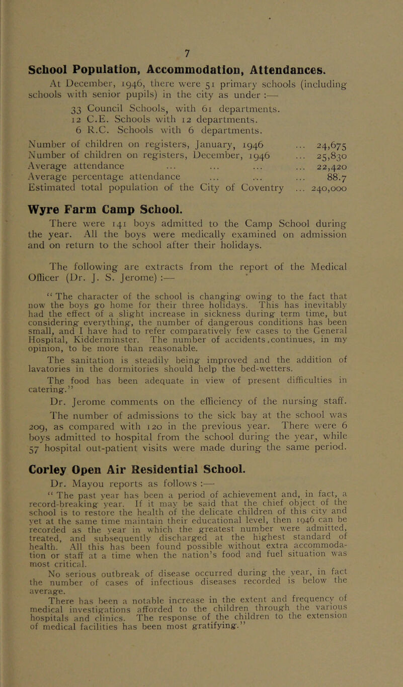 School Population, Accommodation, Attendances. At December, 1946, there were 51 primary schools (including schools with senior pupils) in the city as under :— 33 Council Schools, with 61 departments. 12 C.E. Schools with 12 departments. 6 R.C. Schools with 6 departments. Number of children on registers, January, 1946 ... 24,675 Number of children on registers, December, 1946 ... 25,830 Average attendance ... ... ... ... 22,420 Average percentage attendance ... ... ... 88.7 Estimated total population of the City of Coventry ... 240,000 Wyre Farm Camp School. There were 141 boys admitted to the Camp School during the year. All the boys were medically examined on admission and on return to the school after their holidays. The following are extracts from the report of the Medical Oflicer (Dr. j. S. Jerome) :— “ The character of the school is changing- owing to the fact that now the boys go home for their three holidays. This has inevitably had the effect of a slight increase in sickness during term time, but considering everything, the number of dangerous conditions has been small, and I have had to refer comparatively few cases to the General Hospital, Kidderminster. The number of accidents .continues, in my opinion, to be more than reasonable. The sanitation is steadily being improved and the addition of lavatories in the dormitories should help the bed-wetters. Th.e food has been adequate in view of present difficulties in catering.” Dr. Jerome comments on the efficiency of the nursing staff. The number of admissions to the sick bay at the school was 209, as compared with 120 in the previous year. There were 6 boys admitted to hospital from the school during the year, while 57 hospital out-patient visits were made during the same period. Corley Open Air Residential School. Dr. Mayou reports as follccws :— “ The past year has been a period of achievement and, in fact, a record-breaking year. If it may be said that the chief object of the school is to restore the health of the delicate children of this city and yet at the same time maintain their educational level, then 1046 can be recorded as the year in which the greatest number were admitted, treated, and subsequently discharged at the highest standard of health. All this has been found possible without extra accommoda- tion or staff at a time when the nation’s food and fuel situation was most critical. No serious outbreak of disease occurred during the year, in fact the number of cases of infectious diseases recorded is below the average. There has been a notable increase in the extent and frequency of medical investigations afforded to the children through the various hospitals and clinics. The response of the children to the extension of medical facilities has been most gratifying.”