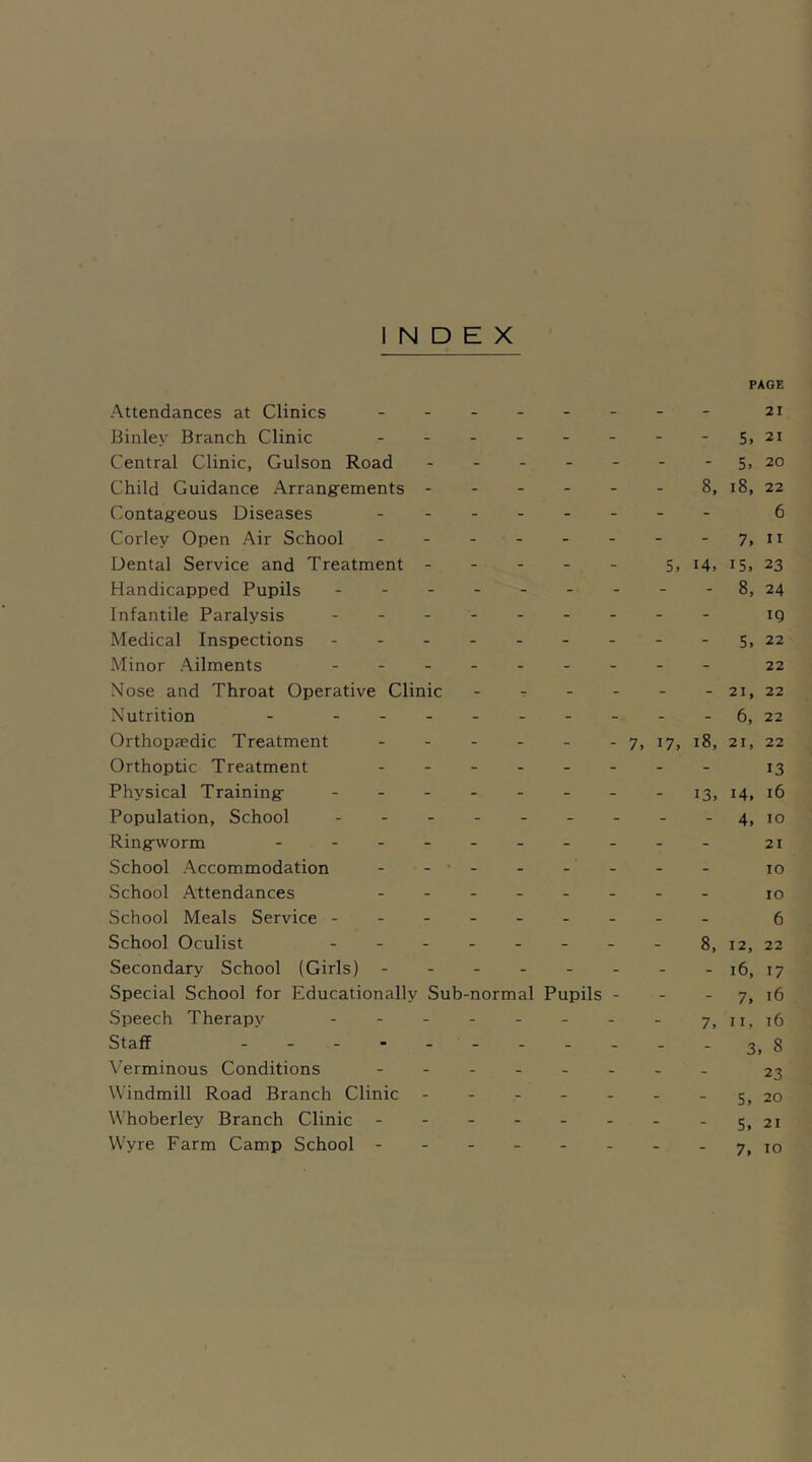 PAGE Attendances at Clinics -------- Binley Branch Clinic - - - - - - - - 5j Central Clinic, Gulson Road - -- -- -- Si Child Guidance Arrangements - - - - - - 8, 18, Contageous Diseases Corley Open Air School -------- 7t Dental Service and Treatment - - - - - s, 14, 15, Handicapped Pupils .--..----8, Infantile Paralysis --------- Medical Inspections - -- -- -- --5, Minor Ailments - -- -- -- -- Nose and Throat Operative Clinic - - - - - - 21, Nutrition - --------- 6, Orthopaedic Treatment - - - - - - 7, 17, 18, 21, Orthoptic Treatment -------- Physical Training - - - - - - - - 13, 14, Population, School --------- 4, Ringworm School Accommodation School Attendances School Meals Service School Oculist - - - - - - - - 8, 12, Secondary School (Girls) - -- -- -- -16, Special School for Educationally Sub-normal Pupils - - - 7, Speech Therapy - - - - - - - - 7,11, Staff 3, Verminous Conditions Windmill Road Branch Clinic - - - - - - - 5, Whoberley Branch Clinic - - - - - - - - 5, Wyre Farm Camp School -------- 7 21 21 20 22 6 11 23 24 iQ 22 22 22 22 22 13 16 10 21 10 io 6 22 17 16 16 8 23 20 21 10