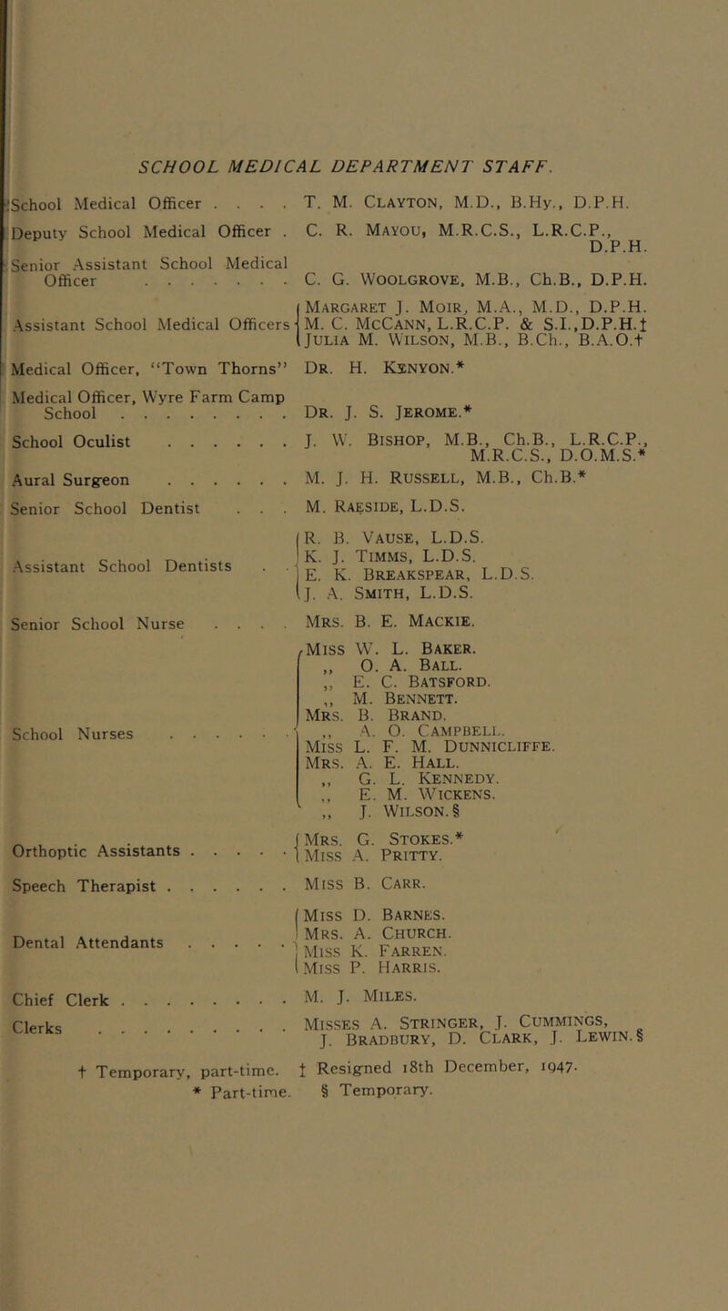 SCHOOL MEDICAL DEPARTMENT STAFF. .'School Medical Officer .... Deputy School Medical Officer . Senior Assistant School Medical Officer T. M. Clayton, M.D., B.Hy., D.P.H. C. R. Mayou, M.R.C.S., L.R.C.P., D.P.H. C. G. Woolgrove. M.B., Ch.B., D.P.H. Assistant School Medical Officers Margaret J. Moir, M.A., M.D., D.P.H. M. C. McCann, L.R.C.P. & S.I.,D.P.H.t Julia M. Wilson, M.B., B.Ch., B.A.O.t Medical Officer, “Town Thorns” Dr. H. Kenyon.* Medical Officer, Wyre Farm Camp School Dr. J. S. Jerome.* School Oculist . . . Aural Surgeon . . . Senior School Dentist Assistant School Dentists Senior School Nurse School Nurses Orthoptic Assistants . J. W. Bishop, M.B., Ch.B., L.R.C.P., M.R.C.S., D.O.M.S.* M. J. H. Russell, M.B., Ch.B.* M. Raeside, L.D.S. (R. B. Vause, L.D.S. I K. J. Timms, L.D.S. j E. K. Breakspear, L.D.S. (j. A. Smith, L.D.S. Mrs. B. E. Mackie. ,Miss W. L. Baker. „ O. A. Ball. ,, E. C. Batsford. ,, M. Bennett. Mrs. B. Brand. A. O. Campbell. Miss L. F. M. Dunnicliffe. Mrs. A. E. Hall. ,, G. L. Kennedy. ,, E. M. Wickens. v ,, J. Wilson. § (Mrs. G. Stokes.* IMiss A. Pritty. Speech Therapist Dental Attendants Miss B. Carr. (Miss D. Barnes. ' Mrs. A. Church. ] Miss K. Farren. I Miss P. Harris. Chief Clerk M. J. Miles. Clerks Misses A. Stringer, T. Cummings, J. Bradbury, D. Clark, J. Lewin.§ t Temporary, part-time, t Resigned 18th December, iq47- * Part-time. § Temporary.