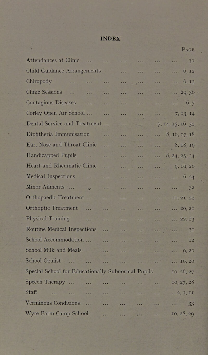 INDEX Attendances at Clinic Child Guidance Arrangements Chiropody ... ... ... ... ^... Clinic Sessions Contagious Diseases Corley Open Air School... Dental Service and Treatment ... ... ... Diphtheria Immunisation Ear, Nose and Throat Clinic Handicapped Pupils Heart and Rheumatic Clinic Medical Inspections Minor Ailments ... Orthopaedic Treatment ... Orthoptic Treatment Physical Training Routine Medical Inspections School Accommodation ... School Milk and Meals School Oculist Special School for Educationally Subnormal Pupils Speech Therapy ... Staff Page 30 ... 6,12 6,13 29, 30 ■ 6,7 7.13,14 7,14,15,16, 32 . 8,16,17,18 8,18, ig • 8, 24, 25, 34 • ' 9.19.20 ... 6,24 32 10, 21, 22 ... 20, 21 ... 22,23 31 12 ... g, 20 ... 10,20 10, 26, 27 10, 27,28 ...2,3, II Verminous Conditions .. Wyre Farm Camp School 33 10, 28, 29