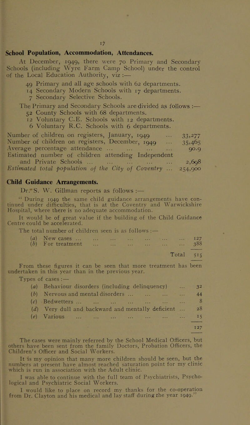 School Population, Accommodation, Attendances. At December, 1949, there were 70 Primary and Secondary Schools (including Wyre Farm Camp School) under the control of the Local Education Authority, viz :— 49 Primary and all age schools with 62 departments. 14 Secondary Modern Schools with 17 departments. 7 Secondary Selective Schools. The Primary and Secondary Schools are divided as follows :— 52 County Schools with 68 departments. 12 Voluntary C.E. Schools with 12 departments. 6 Voluntary R.C. Schools with 6 departments. Number of children on registers, January, 1949 ... 33,277 Number of children on registers, December, 1949 ••• 35,465 .\verage percentage attendance ... ... ... ... 9^-9 Estimated number of children attending Independent and Private Schools ... ... ... ... ... 2,698 Estimated total population of the City of Coventry ... 254,900 Child Guidance Arrangements. Dr.'S. W. Gillman reports as follows :— “ During iQ4g the same child guidance arrangements have con- tinued under difficulties, that is at the Coventry and Warwickshire Hospital, where there is no adequate accommodation. It would be of great value if the building of the Child Guidance Centre could be accelerated. The total number of children seen is as follows :— (a) New cases 127 (J) For treatment 388 Total 515 From these figures it can be seen that more treatment has been undertaken in this year than in the previous year. Types of cases : — (a) Behaviour disorders (including delinquency) ... 32 (&) Nervous and mental disorders ... ... ... ... 44 (r) Bedwetters 8 (d) Very dull and backward and mentally deficient ... 28 (e) Various ... ... ... ... ... ... ... iS 127 The cases were mainly referred by the School Medical Officers, but others have been sent from the family Doctors, Probation Officers, the Children’s Officer and Social Workers. It is my opinion that many more children should be seen, but the numbers at present have almost reached saturation point for my clinic which is run in association with the Adult clinic. I was able to continue with the full team of Psychiatrists, Psycho- logical and Psychiatric Social Workers. I would like to place on record my thanks for the co-operation from Dr. Clayton and his medical and lay staff during the year iQ4g.”