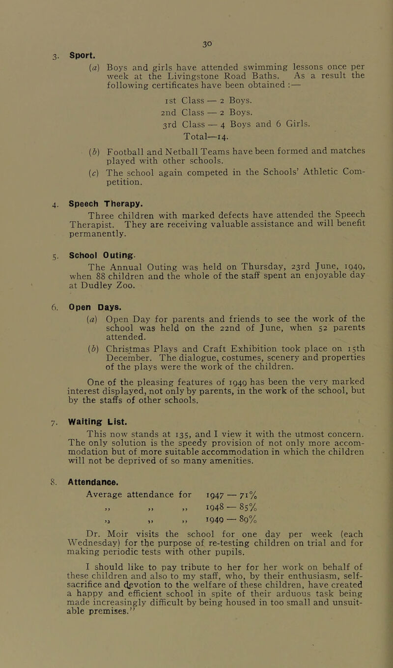 3- Sport. {a) Boys and girls have attended swimming lessons once per week at the Livingstone Road Baths. As a result the following certificates have been obtained : — I St Class — 2 Boys. 2nd Class — 2 Boys. 3rd Class — 4 Boys and 6 Girls. Total—14. (b) Football and Netball Teams have been formed and matches played with other schools. (c) The school again competed in the Schools’ Athletic Com- petition. 4. Speech Therapy. Three children with marked defects have attended the Speech Therapist. They are receiving valuable assistance and will benefit permanently. 5. School Outing. The Annual Outing wms held on Thursday, 23rd June, iQ4g, when 88 children and the whole of the staff spent an enjoyable day at Dudley Zoo. 6. Open Days. (a) Open Day for parents and friends to see the work of the school was held on the 22nd of June, when 52 parents attended. {b) Christmas Plays and Craft Exhibition took place on isth December. The dialogue, costumes, scenery and properties of the plays were the work of the children. One of the pleasing features of ig4Q has been the very marked interest displayed, not only by parents, in the work of the school, but by the staffs of other schools. 7. Waiting List. This now stands at 135, and I view it with the utmost concern. The only solution is the speedy provision of not only more accom- modation but of more suitable accommodation in which the children will not be deprived of so many amenities. 8. Attendance. Average attendance for ig47 — 71% „ „ ig48 — 85% ,0 I94Q — 8g°/o Dr. Moir visits the school for one day per week (each Wednesday) for the purpose of re-testing children on trial and for making periodic tests with other pupils. I should like to pay tribute to her for her work on behalf of these children and also to my staff, who, by their enthusiasm, self- sacrifice and d.evotion to the welfare of these children, have created a happy and efficient school in spite of their arduous task being made increasingly difficult by being housed in too small and unsuit- able premises.”