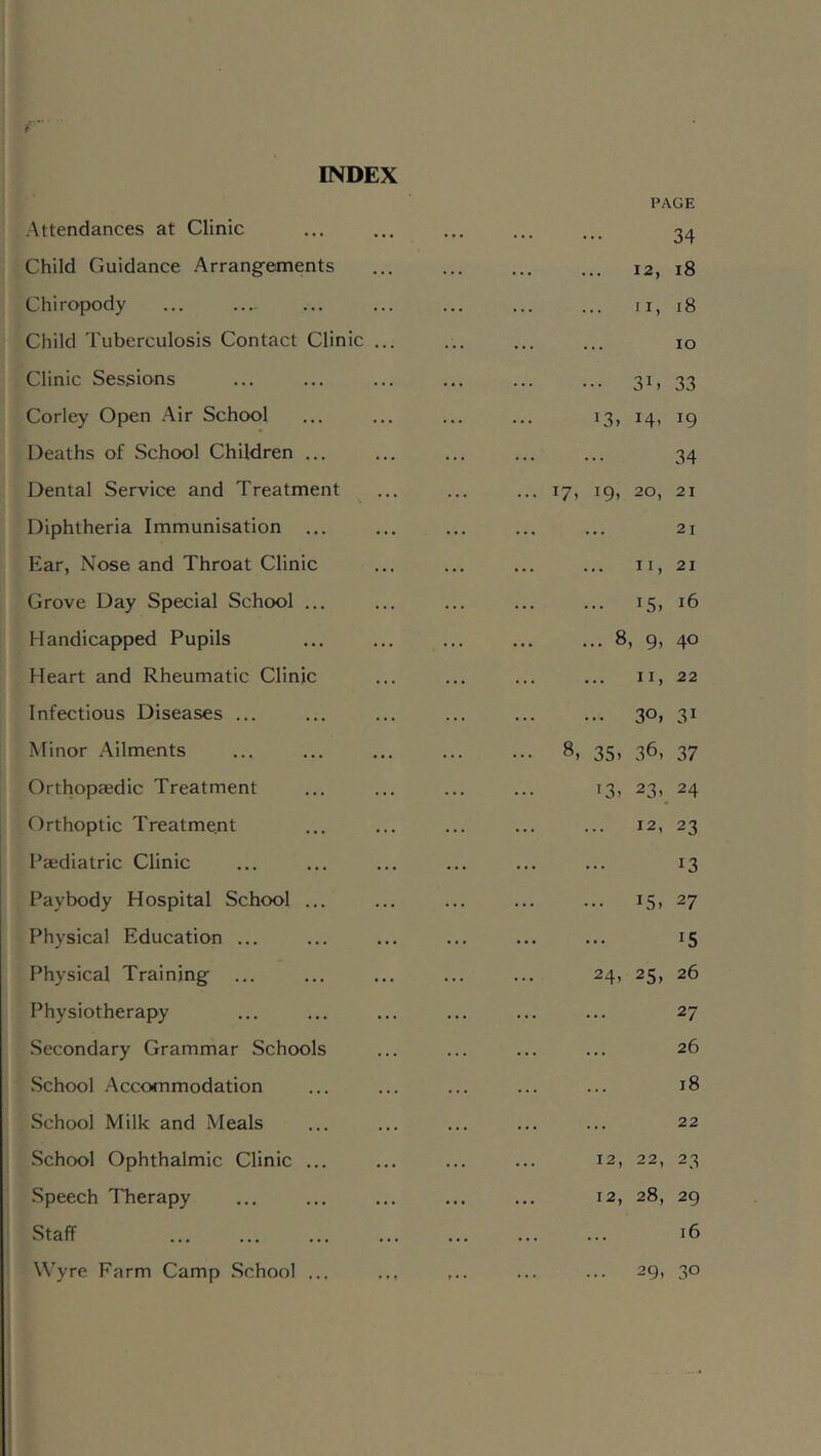 INDEX Attendances at Clinic Child Guidance Arrangements Chiropody Child Tuberculosis Contact Clinic ... Clinic Sessions Corley Open .Air School Deaths of School Children ... Dental Service and Treatment Diphtheria Immunisation ... Ear, Nose and Throat Clinic Grove Day Special School ... Handicapped Pupils Heart and Rheumatic Clinic Infectious Diseases ... Minor .Ailments Orthopaedic Treatment Orthoptic Treatment Paediatric Clinic Paybody Hospital School ... Physical Education ... Physical Training Physiotherapy .Secondary Grammar Schools .School .Accommodation School Milk and Meals School Ophthalmic Clinic ... .Speech Therapy Staff Wyre Farm Camp School ... .., PAGE 34 12, i8 II, i8 lO ••• 3G 33 13. 14. 19 34 17, 19, 20, 21 21 II, 21 ... 15, 16 ... 8, 9, 40 II, 22 ... 30. 31 8, 35. .36, 37 13. 23,_ 24 ... 12, 23 13 ... 15. 27 15 24, 25, 26 27 26 18 22 12, 22, 23 12, 28, 29 16 ... 29, 30