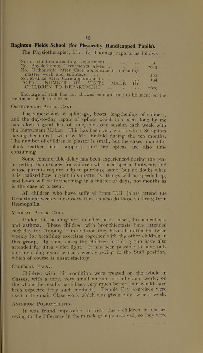 *9 Baginton Fields School (for Physically Handicapped Pupils). The Physiotherapist, Mrs. D. Thomas, reports as follows “No. of children attending- Department ... 91 No. Physiotherapy Treatments given ' ... 2013 No. Orthopaedic After Care appointments including plaster work and splintage ... ... ... ... 462 No. Medical After Care appointments 1^4 TOTAL NUMBER OF VISITS MADE BY CHILDREN TO DEPARTMENT 2609 Shortage of staff has not allowed enough time to be spent on the treatment of the children. Orthop.-edic After Care. The supervision of splintage, boots, lengthening of calipers, and the day-to-day repair of splints which has been done by me has taken a good deal of lime, plus one session each week with the Instrument Maker. This has been very worth while, 86 splints having been dealt with by Mr. Pinfold during the ten months. The number of children in plaster is small, but the cases made for block leather back supports and hip spicas are also time consuming. Some considerable delay has been experienced during the year in getting boots/shoes for children who need special footwear, and whose parents require help to purchase same, but no doubt when it is realised how urgent this matter is, things will be speeded up, and boots will be forthcoming in a matter of days, not months as is the case at present. All children who have suffered from T.B. joints attend the Department weekly for observation, as also do those suffering from Ha?mophilia. Medical After Care. LTnder this heading are included heart cases, bronchiectasis, and asthma. These children with bronchiectasis have attended each day for “tipping” : in addition they have also attended twice weekly for breathing exercises together with the other children in this group. In some cases the children in this group have also attended for ultra violet light. It has been possible to have only one breathing exercise class weekly owing to the Staff position, which of course is unsatisfactory. Cerebral Palsy. Children with this condition were treated on the whole in classes, with a very, very small amount of individual work; on the whole the results have been very much better than would have been expected from such methods. Temple Fay exercises were used in the main Class work which was given only twice a week. Anterior Poliomyelitis. It was found impossible to treat these children in classes owing to the difference in the muscle groups involved, so they were