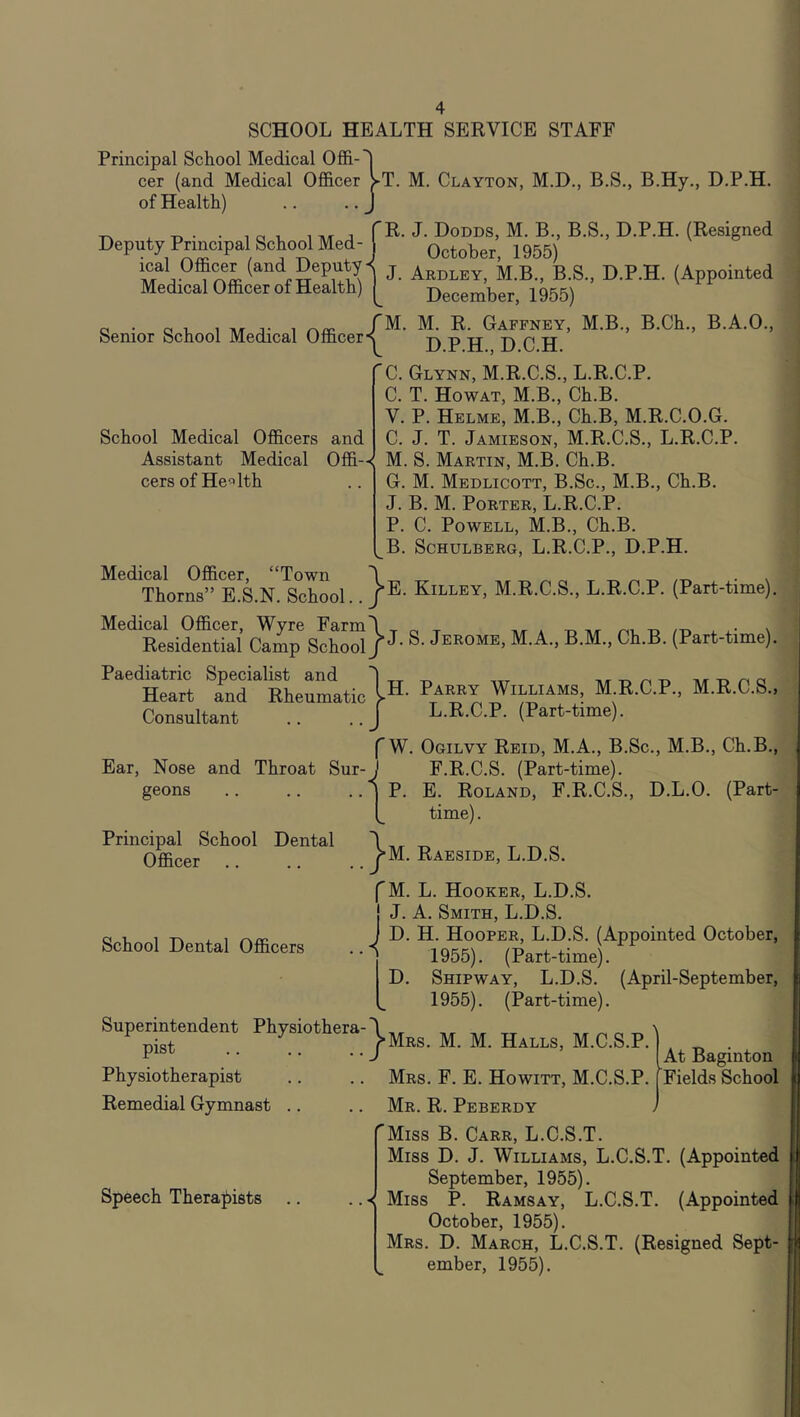 SCHOOL HEALTH SERVICE STAFF Principal School Medical Offi-^ cer (and Medical Officer >T. M. Clayton, M.D., B.S., B.Hy., D.P.H. of Health) Deputy Principal School Med- R. J. Dodds, M. B., B.S., D.P.H. (Resigned October, 1955) J- Ardley, M.B., B.S., D.P.H. (Appointed Medical Officer of Health) Senior School Medical Officer- School Medical Officers and Assistant Medical Offi-< cers of He^'lth December, 1955) ’M. M. R. Gaffney, M.B., B.Ch., B.A.O., D.P.H., D.C.H. ’C. Glynn, M.R.C.S., L.R.C.P. C. T. Howat, M.B., Ch.B. V. P. Helme, M.B., Ch.B, M.R.C.O.G. C. J. T. Jamieson, M.R.C.S., L.R.C.P. M. S. Martin, M.B. Ch.B. G. M. Medlicott, B.Sc., M.B., Ch.B. J. B. M. Porter, L.R.C.P. P. C. Powell, M.B., Ch.B. B. SCHULBERG, L.R.C.P., D.P.H. Thorns” E.S.N.'Sool.. j®' Killey, M.R.C.S., L.R.C.P. (Part-time). “'‘^ResiSal cimp s!S} J- “ A- B.M., Ch.B. (Part-time). Paediatric Specialist and 1 Ta -.tt -r. t. nr n o Heart and Rheumatic 1^. Parry Williams, M R.C.P., M.R.C.S., Consultant .. ..J L.R.C.P. (Part-time). Ear, Nose and Throat Sur- geons Principal School Dental Officer School Dental Officers (W. Ogilvy Reid, M.A., B.Sc., M.B., Ch.B., F.R.C.S. (Part-time). P. E. Roland, F.R.C.S., D.L.O. (Part- time) . Raeside, L.D.S. fM. L. Hooker, L.D.S. I J. A. Smith, L.D.S. J D. H. Hooper, L.D.S. (Appointed October, ' 1955). (Part-time). D. Shipway, L.D.S. (April-September, 1955). (Part-time). Superintendent Physiothera- pist Physiotherapist Remedial Gymnast .. Speech Theraf)i8ts Mrs. M. M. Halls, M.C.S.P. At Baginton Fields School Mrs. F. E. Howitt, M.C.S.P. Mr. R. Peberdy Miss B. Carr, L.C.S.T. Miss D. J. Williams, L.C.S.T. (Appointed September, 1955). Miss P. Ramsay, L.C.S.T. (Appointed October, 1955). Mrs. D. March, L.C.S.T. (Resigned Sept- ember, 1955).
