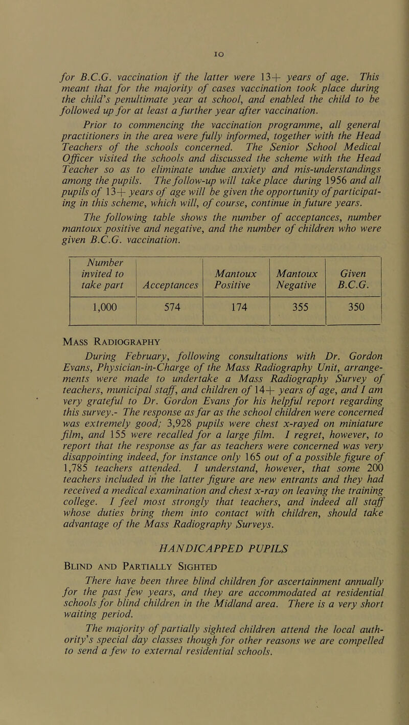 lO for B.C.G. vaccination if the latter were 13+ years of age. This meant that for the majority of cases vaccination took place during the child's penultimate year at school, and enabled the child to be followed up for at least a further year after vaccination. Prior to commencing the vaccination programme, all general practitioners in the area were fully informed, together with the Head Teachers of the schools concerned. The Senior School Medical Officer visited the schools and discussed the scheme with the Head Teacher so as to eliminate undue anxiety and mis-understandings among the pupils. The follow-up will take place during 1956 and all pupils of 13+ years of age will be given the opportunity of participat- ing in this scheme, which will, of course, continue in future years. The following table shows the number of acceptances, number mantoux positive and negative, and the number of children who were given B.C.G. vaccination. Number invited to take part Acceptances Mantoux Positive Mantoux Negative Given B.C.G. 1,000 574 174 355 350 Mass Radiography During February, following consultations with Dr. Gordon Evans, Physician-in-Charge of the Mass Radiography Unit, arrange- ments were made to undertake a Mass Radiography Survey of teachers, municipal staff, and children of 14+ years of age, and I am very grateful to Dr. Gordon Evans for his helpful report regarding this survey.- The response as far as the school children were concerned was extremely good; 3,928 pupils were chest x-rayed on miniature film, and 155 were recalled for a large film. I regret, however, to report that the response as far as teachers were concerned was very disappointing indeed, for instance only 165 out of a possible figure of 1,785 teachers attended. I understand, however, that some 200 teachers included in the latter figure are new entrants and they had received a medical examination and chest x-ray on leaving the training college. I feel most strongly that teachers, and indeed all staff whose duties bring them into contact with children, should take advantage of the Mass Radiography Surveys. HANDICAPPED PUPILS Blind and Partially Sighted There have been three blind children for ascertainment annually for the past few years, and they are accommodated at residential schools for blind children in the Midland area. There is a very short waiting period. The majority of partially sighted children attend the local auth- ority's special day classes though for other reasons we are compelled to send a few to external residential schools.