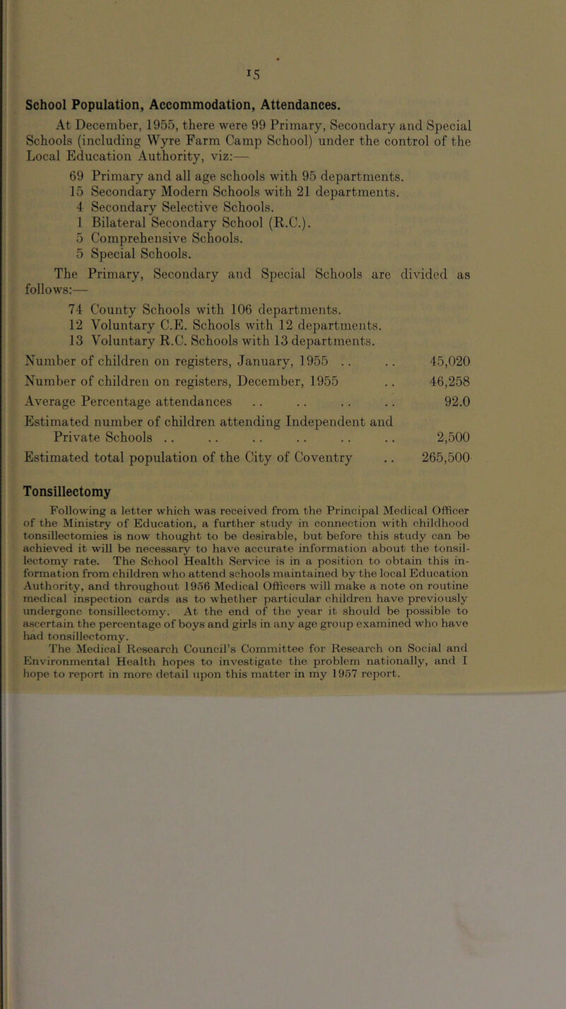 School Population, Accommodation, Attendances. At December, 1955, there were 99 Primary, Secondary and Special Schools (including Wyre Farm Camp School) under the control of the Local Education Authority, viz:— 69 Primary and all age schools with 95 departments. 15 Secondary Modern Schools with 21 departments. 4 Secondary Selective Schools. 1 Bilateral Secondary School (R.C.). 5 Comprehensive Schools. 5 Special Schools. The Primary, Secondary and Special Schools are divided as follows:— 74 County Schools with 106 departments. 12 Voluntary C.E. Schools with 12 departments. 13 Voluntary R.C. Schools with 13 departments. Number of children on registers, January, 1955 .. .. 45,020 Number of children on registers, December, 1955 .. 46,258 Average Percentage attendances .. .. .. .. 92.0 Estimated number of children attending Independent and Private Schools .. .. .. .. .. .. 2,500 Estimated total population of the City of Coventry .. 265,500 Tonsillectomy Following a letter which was received from the Principal Medical Officer of the Ministry of Education, a further study in connection with childhood tonsillectomies is now thought to be desirable, but before this study can be achieved it will be necessary to have accurate information about the tonsil- lectomy rate. The School Health Service is in a position to obtain this in- formation from children who attend schools maintained by the local Education Authority, and throughout 1956 Medical Officers will make a note on routine medical inspection cards as to whether particular children have previously undergone tonsillectomy. At the end of the year it should be possible to ascertain the percentage of boys and girls in any age group examined who have had tonsillectomy. The Medical Research Council’s Committee for Research on Social and Environmental Health hopes to investigate the problem nationally, and I hope to report in more detail upon this matter in my 1957 report.