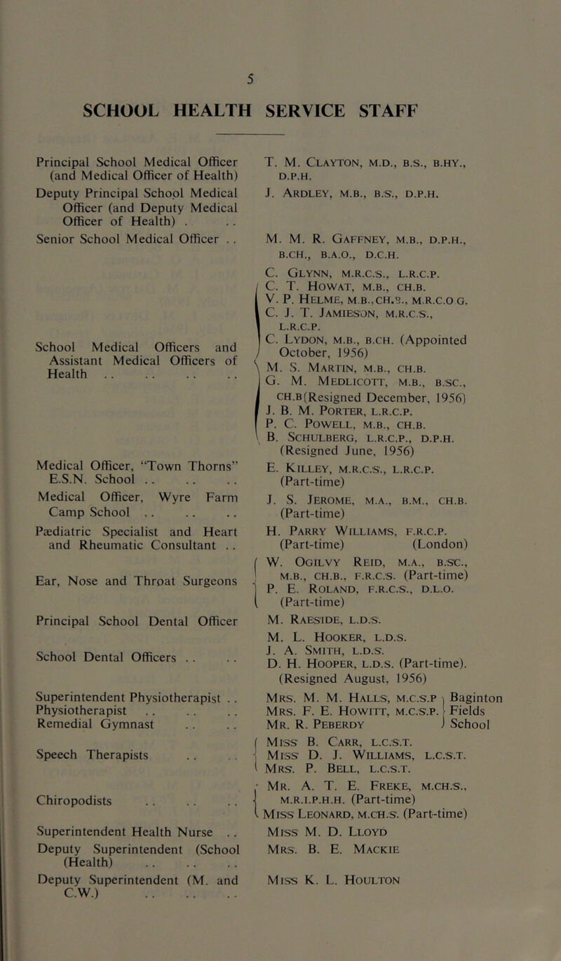 SCHOOL HEALTH SERVICE STAFF Principal School Medical Officer (and Medical Officer of Health) Deputy Principal School Medical Officer (and Deputy Medical Officer of Health) . Senior School Medical Officer .. School Medical Officers and Assistant Medical Officers of Health Medical Officer, “Town Thorns” E.S.N. School .. Medical Officer, Wyre Farm Camp School .. Piediatric Specialist and Heart and Rheumatic Consultant .. Ear, Nose and Throat Surgeons Principal School Dental Officer School Dental Officers .. Superintendent Physiotherapist .. Physiotherapist Remedial Gymnast Speech Therapists Chiropodists Superintendent Health Nurse .. Deputy Superintendent (School (Health) Deputy Superintendent (M. and C.W.) T. M. Clayton, m.d., b.s., b.hy., D.P.H. J. ArdLEY, M.B., B.S., D.P.H. M. M. R. Gaffney, m.b., d.p.h., B.CH., B.A.O., D.C.H. C. Glynn, m.r.c.s., l.r.c.p. ; C. T. HOWAT, M.B., CH.B. 1 V. P. HelME, m b.,CH.B., M.R.C.O G. I C. J. T. Jamieson, m.r.c.s., j L.R.C.P. I C. Lydon, M.B., B.CH. (Appointed I October, 1956) iM. S. Martin, m.b., ch.b. G. M. Medlicott, m.b., b.sc., CH.B(Resigned December, 1956) J. B. M. Porter, l.r.c.p. P. C. Powell, m.b., ch.b. B. SCHULBERG, L.R.C.P., D.P.H. (Resigned June, 1956) E. KiLLEY, M.R.C.S'., L.R.C.P. (Part-time) J. S. Jerome, m.a., b.m., ch.b. (Part-time) H. Parry Williams, f.r.c.p. (Part-time) (London) [ W. Ogilvy Reid, m.a., b.sc., I M.B., CH.B., F.R.c.'S. (Part-time) 1 P. E. Roland, f.r.c.s., d.l.o. I (Part-time) M. RAaS'IDE, L.D.S. M. L. Hooker, l.d.s. J. A. Smith, l.d.s. D. H. Hooper, l.d.s. (Part-time). (Resigned August, 1956) Mrs. M. M. Halls, m.c.s.p \ Baginton Mrs. F. E. Howitt, m.c.s.p. Fields Mr. R. Peberdy J School Miss B. Carr, l.c.s.t. ■ Miss D. J. Williams, l.c.s.t. Mrs. P. Bell, l.c.s.t. 'Mr. a. T. E. Freke, m.ch.s., M.R.i.P.H.H. (Part-time) . Miss Leonard, m.ch.s. (Part-time) Miss M. D. Lloyd Mrs. B. E. Mackie Miss K. L. Houlton