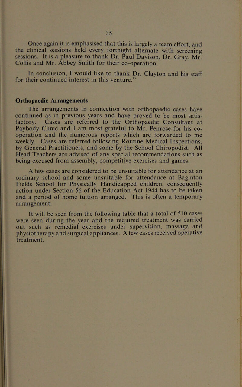 Once again it is emphasised that this is largely a team effort, and the clinical sessions held every fortnight alternate with screening sessions. It is a pleasure to thank Dr. Paul Davison, Dr. Gray, Mr. Collis and Mr. Abbey Smith for their co-operation. In conclusion, 1 would like to thank Dr. Clayton and his staff for their continued interest in this venture.” Orthopaedic Arrangements The arrangements in connection with orthopaedic cases have continued as in previous years and have proved to be most satis- factory. Cases are referred to the Orthopaedic Consultant at Paybody Clinic and I am most grateful to Mr. Penrose for his co- operation and the numerous reports which are forwarded to me weekly. Cases are referred following Routine Medical Inspections, by General Practitioners, and some by the School Chiropodist. All Head Teachers are advised of any special recommendations such as being excused from assembly, competitive exercises and games. A few cases are considered to be unsuitable for attendance at an ordinary school and some unsuitable for attendance at Baginton Fields School for Physically Handicapped children, consequently action under Section 56 of the Education Act 1944 has to be taken and a period of home tuition arranged. This is often a temporary arrangement. It will be seen from the following table that a total of 510 cases were seen during the year and the required treatment was carried out such as remedial exercises under supervision, massage and physiotherapy and surgical appliances. A few cases received operative treatment.