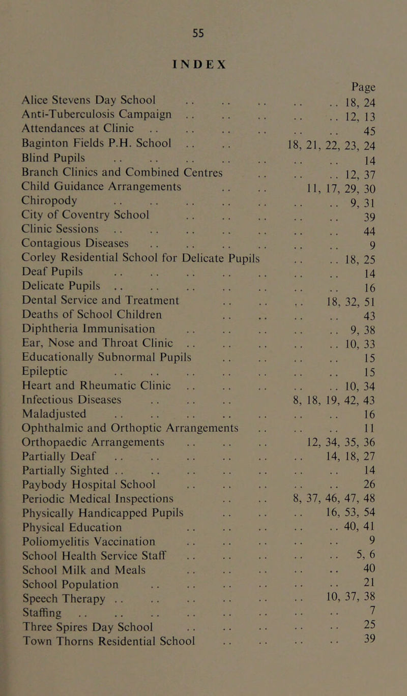 INDEX Page Alice Stevens Day School .. 18, 24 Anti-Tuberculosis Campaign .. 12, 13 Attendances at Clinic 45 Baginton Fields P.H. School 18, 21, 22, 23, 24 Blind Pupils 14 Branch Clinics and Combined Centres .. 12, 37 Child Guidance Arrangements 11, 17, 29, 30 Chiropody .. 9,31 City of Coventry School 39 Clinic Sessions 44 Contagious Diseases 9 Corley Residential School for Delicate Pupils .. 18, 25 Deaf Pupils 14 Delicate Pupils 16 Dental Service and Treatment 18,32,51 Deaths of School Children 43 Diphtheria Immunisation .. 9, 38 Ear, Nose and Throat Clinic .. 10, 33 Educationally Subnormal Pupils 15 Epileptic 15 Heart and Rheumatic Clinic .. 10, 34 Infectious Diseases 8, 18, 19, 42, 43 Maladjusted 16 Ophthalmic and Orthoptic Arrangements 11 Orthopaedic Arrangements 12, 34, 35, 36 Partially Deaf 14, 18, 27 Partially Sighted 14 Paybody Hospital School 26 Periodic Medical Inspections 8, 37, 46, 47, 48 Physically Handicapped Pupils 16, 53, 54 Physical Education .. 40, 41 Poliomyelitis Vaccination 9 School Health Service Staff .. 5, 6 School Milk and Meals 40 School Population 21 Speech Therapy 10,37,38 Staffing 7 Three Spires Day School 25 Town Thorns Residential School 39