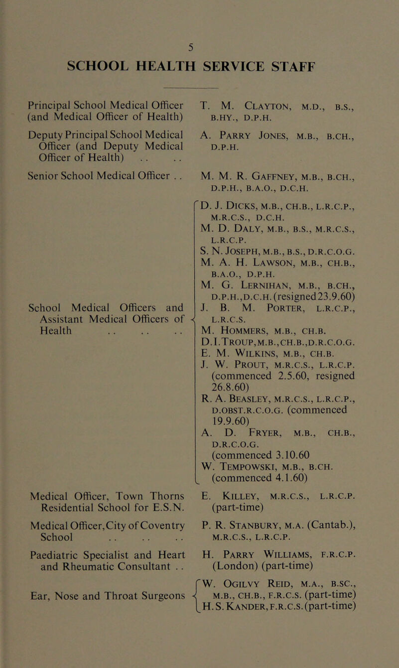SCHOOL HEALTH SERVICE STAFF Principal School Medical Officer (and Medical Officer of Health) Deputy Principal School Medical Officer (and Deputy Medical Officer of Health) Senior School Medical Officer .. School Medical Officers and Assistant Medical Officers of ■< Health Medical Officer, Town Thorns Residential School for E.S.N. Medical Officer,City of Coventry School Paediatric Specialist and Heart and Rheumatic Consultant .. Ear, Nose and Throat Surgeons T. M. Clayton, m.d., b.s., B.HY., D.P.H. A. Parry Jones, m.b., b.ch., D.P.H. M. M. R. Gaffney, m.b., b.ch., D.P.H., B.A.O., D.C.H. D. J. Dicks, m.b., ch.b., l.r.c.p., M.R.C.S., D.C.H. M. D. Daly, m.b., b.s., m.r.c.s., L.R.C.P. S. N. Joseph, m.b., b.s., d.r.c.o.g. M. A. H. Lawson, m.b., ch.b., B.A.O., D.P.H. M. G. Lernihan, m.b., b.ch., D.P.H.,D.C.H. (resigned 23.9.60) J. B. M. Porter, l.r.c.p., L. R.C.S. M. Hommers, m.b., ch.b. D. I.TrOUP,M.B.,CH.B.,D.R.C.O.G. E. M. Wilkins, m.b., ch.b. J. W. Prout, m.r.c.s., l.r.c.p. (commenced 2.5.60, resigned 26.8.60) R. A. Beasley, m.r.c.s., l.r.c.p., D.OBST.R.c.o.G. (commenced 19.9.60) A. D. Fryer, m.b., ch.b., D.R.C.O.G. (commenced 3.10.60 W. Tempowski, m.b., b.ch. (commenced 4.1.60) E. Killey, m.r.c.s., l.r.c.p. (part-time) P. R. Stanbury, m.a. (Cantab.), M. R.C.S., L.R.C.P. H. Parry Williams, f.r.c.p. (London) (part-time) rw. Ogilvy Reid, m.a., b.sc., M.B., ch.b., f.r.c.s. (part-time) 1^ H. S. Kander, f.r.c.s. (part-time)