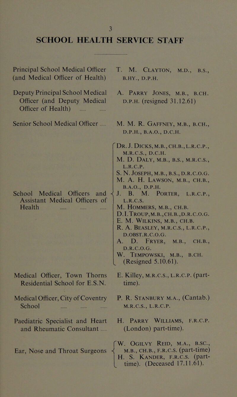 SCHOOL HEALTH SERVICE STAFF Principal School Medical Officer (and Medical Officer of Health) Deputy Principal School Medical Officer (and Deputy Medical Officer of Health) Senior School Medical Officer School Medical Officers and Assistant Medical Officers of Health Medical Officer, Town Thorns Residential School for E.S.N. Medical Officer, City of Coventry School Paediatric Specialist and Heart and Rheumatic Consultant Ear, Nose and Throat Surgeons T. M. Clayton, m.d., b.s., B.HY., D.P.H. A. Parry Jones, m.b., b.ch. D.P.H. (resigned 31.12.61) M. M. R. Gaffney, m.b., b.ch., D.P.H., B.A.O., D.C.H. Dr. J. Dicks,M.B.,CH.B.,L.R.c.p., M.R.C.S., D.C.H. M. D. Daly, m.b., b.s., m.r.c.s., L.R.C.P. S. N. Joseph, m.b., b.s., d.r.c.o.g. M. A. H. Lawson, m.b., ch.b., B.A.O., D.P.H. J. B. M. Porter, l.r.c.p., L. R.C.S. M. Hommers, m.b., ch.b. D. I.TrOUP,M.B.,CH.B.,D.R.C.O.G. E. M. Wilkins, m.b., ch.b. R. A. Beasley, m.r.c.s., l.r.c.p., D.OBST.R.C.O.G. A. D. Fryer, m.b., ch.b., D.R.C.O.G. W. Tempowski, m.b., b.ch. (Resigned 5.10.61). E. Killey, m.r.c.s., l.r.c.p. (part- time). P. R. St anbury m.a., (Cantab.) M. R.C.S., L.R.C.P. H. Parry Williams, f.r.c.p. (London) part-time). fW. Ogilvy Reid, m.a., b.sc., M.B., CH.B., F.R.c.s. (part-time) H. S. Kander, F.R.c.s. (part- time). (Deceased 17.11.61).