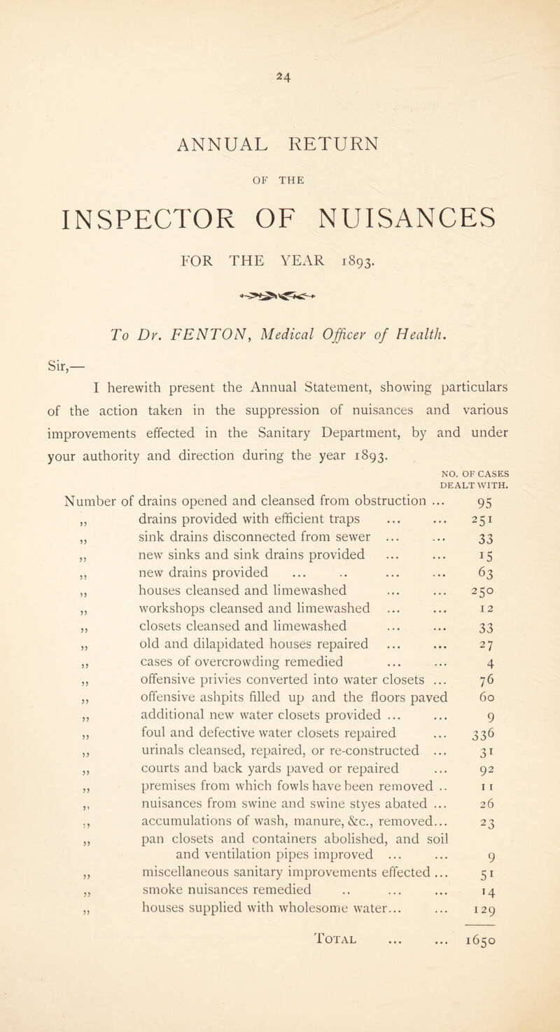 ANNUAL RETURN OF THE INSPECTOR OF NUISANCES FOR THE YEAR 1893. To Dr. FENTON, Medical Officer of Health. Sir,— I herewith present the Annual Statement, showing particulars of the action taken in the suppression of nuisances and various improvements effected in the Sanitary Department, by and under your authority and direction during the year 1893. NO. OF CASES DEALT WITH. Number of drains opened and cleansed from obstruction . drains provided with efficient traps sink drains disconnected from sewer new sinks and sink drains provided new drains provided houses cleansed and limewashed workshops cleansed and limewashed closets cleansed and limewashed old and dilapidated houses repaired cases of overcrowding remedied offensive privies converted into water closets offensive ashpits filled up and the floors paved additional new water closets provided ... foul and defective water closets repaired urinals cleansed, repaired, or re-constructed . courts and back yards paved or repaired premises from which fowls have been removed nuisances from swine and swine styes abated . accumulations of wash, manure, &c., removed, pan closets and containers abolished, and soil and ventilation pipes improved ... miscellaneous sanitary improvements effected smoke nuisances remedied houses supplied with wholesome water... Total 55 33 53 33 3 3 33 33 33 33 33 33 33 33 33 33 33 3> : 3 33 33 33 95 251 33 i5 63 250 12 33 27 4 76 60 9 336 31 92 11 26 23 9 51 14 129 1650