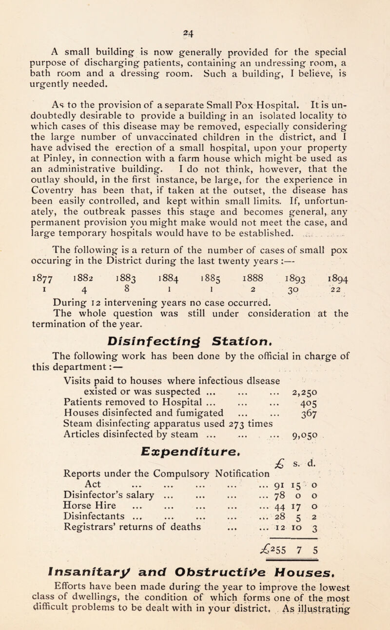 A small building is now generally provided for the special purpose of discharging patients, containing an undressing room, a bath room and a dressing room. Such a building, I believe, is urgently needed. As to the provision of a separate Small Pox Hospital. It is un- doubtedly desirable to provide a building in an isolated locality to which cases of this disease may be removed, especially considering the large number of unvaccinated children in the district, and I have advised the erection of a small hospital, upon your property at Pinley, in connection with a farm house which might be used as an administrative building. I do not think, however, that the outlay should, in the first instance, be large, for the experience in Coventry has been that, if taken at the outset, the disease has been easily controlled, and kept within small limits. If, unfortun- ately, the outbreak passes this stage and becomes general, any permanent provision you might make would not meet the case, and large temporary hospitals w^ould have to be established. . The following is a return of the number of cases of small pox occuring in the District during the last twenty years :— 1877 1882 1883 1884 1885 1888 1893 *^94 I 4 8 1 1 2 30 22 During 12 intervening years no case occurred. The whole question was still under consideration at the termination of the year. Dis/nfect/n£f Station. The following work has been done by the official in charge of this department:— Visits paid to houses where infectious disease existed or was suspected ... ... ... 2,250 Patients removed to Hospital ... ... ... 405 Houses disinfected and fumigated ... ... 367 Steam disinfecting apparatus used 273 times Articles disinfected by steam ... ... ... 9,050 Exponditute, £ s. d. Reports under the Compulsory Notification ^Vct ..» ... ... ... ... 91 ^^ Disinfector’s salary ... Horse Hire Disinfectants ... Registrars’ returns of deaths ...78 o o ... 44 17 o ...28 5 2 ... 12 to 3 ^£'255 7 5 insanitary and Obstructit^e Houses. Efforts have been made during the year to improve the lowest class of dwellings, the condition of which forms one of the most difficult problems to be dealt with in your district, As illustrating
