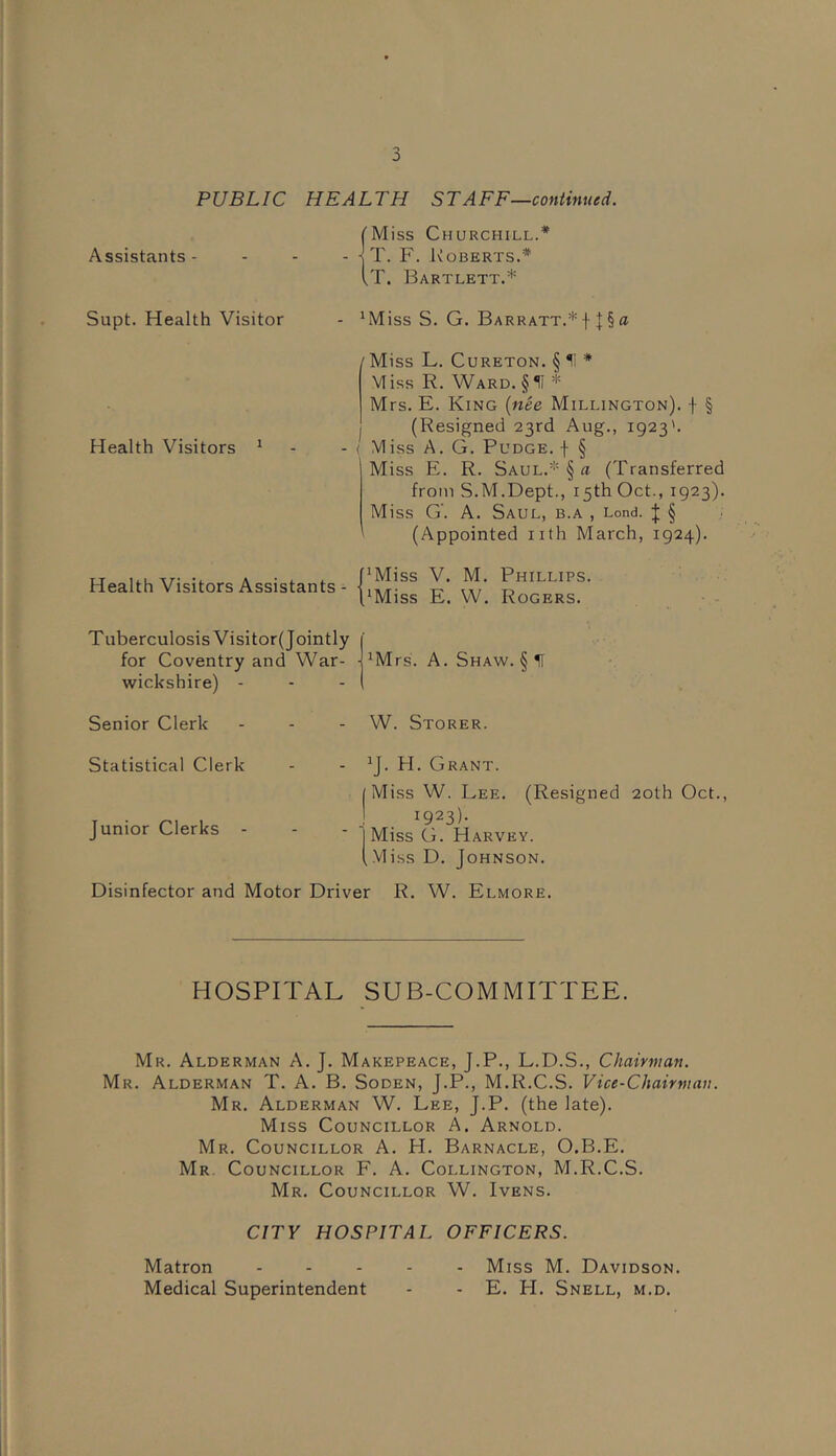 PUBLIC j HEALTH STAFF—continued. ('Miss Churchill.* Assistants- - - - - T. F. Roberts.* (,T. Bartlett.* Supt. Health Visitor - ’Miss S. G. Barratt.* •)■ J § a I Miss L. CURETON. § 11 * Miss R. Ward. §11 * Mrs. E. King (nee Millington), f § (Resigned 23rd Aug., 1923'. Health Visitors 1 - - < Miss A. G. Pudge, f § Miss E. R. Saul.* § a (Transferred from S.M.Dept., 15th Oct., 1923). Miss G’. A. Saul, b.a , Lond. J § (Appointed nth March, 1924). u -l a • i. .. f1Miss V. M. Phillips Health Visitors Assistants - {,Miss E_ w_ Rogkrs. TuberculosisVisitor(Jointly ( for Coventry and War- j’Mrs. A. Shaw. § H wickshire) - - - ( Senior Clerk ... W. Storer. Statistical Clerk Junior Clerks - - *J. PI. Grant. (Miss W. Lee. (Resigned 20th Oct., ! 1923)- Miss G. Harvey. ,Miss D. Johnson. Disinfector and Motor Driver R. W. Elmore. HOSPITAL SUB-COMMITTEE. Mr. Alderman A. J. Makepeace, J.P., L.D.S., Chairman. Mr. Alderman T. A. B. Soden, J.P., M.R.C.S. Vice-Chairman. Mr. Alderman W. Lee, J.P. (the late). Miss Councillor A. Arnold. Mr. Councillor A. PI. Barnacle, O.B.E. Mr Councillor F. A. Collington, M.R.C.S. Mr. Councillor W. Ivens. CITY HOSPITAL OFFICERS. Matron Medical Superintendent Miss M. Davidson. E. PI. Snell, m.d.