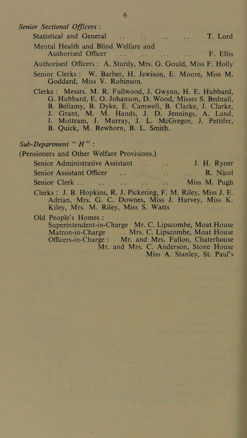 Senior Sectional Officers : Statistical and General .. ., ,. .. T. Lord Mental Health and Blind Welfare and Authorised Officer .. .. .. .. F. Ellis Authorised Officers ; A, Sturdy, Mrs. G. Gould, Miss F. Holly Senior Clerks : W. Barber, H. Jewison, E. Moore, Miss M. Goddard, Miss V. Robinson. Clerks : Messrs. M. R. Fullwood, J. Gwynn, H. E. Hubbard, G. Hubbard, E. O. Johanson, D. Wood, Misses S. Bednall, B. Bellamy, B. Dyke, E. Camwell, B. Clarke, J. Clarke, J. Grant, M. M. Hands, J. D. Jennings, A. Land, I. Mottram, J. Murray, J. L. McGregor, J. Pettifer, B. Quick, M. Rewhorn, B. L. Smith. Sub-Department “ : (Pensioners and Other Welfare Provisions.) Senior Administrative Assistant .. .. J. H. Ryner Senior Assistant Officer .. .. .. .. R. Nicol Senior Clerk .. .. .. .. .. Miss M. Pugh Clerks : J. B. Hopkins, R. J. Pickering, F. M. Riley, Miss J. E. Adrian, Mrs. G. C. Downes, Miss J. Harvey, Miss K. Kiley, Mrs. M. Riley, Miss S. Watts Old People’s Homes : Superintendent-in-Charge Mr. C. Lipscombe, Moat House Matron-in-Charge .. Mrs. C. Lipscombe, Moat House Officers-in-Charge : Mr. and Mrs. Fallon, Chaterhouse Mr. and Mrs. C. Anderson, Stone House Miss A. Stanley, St. Paul’s